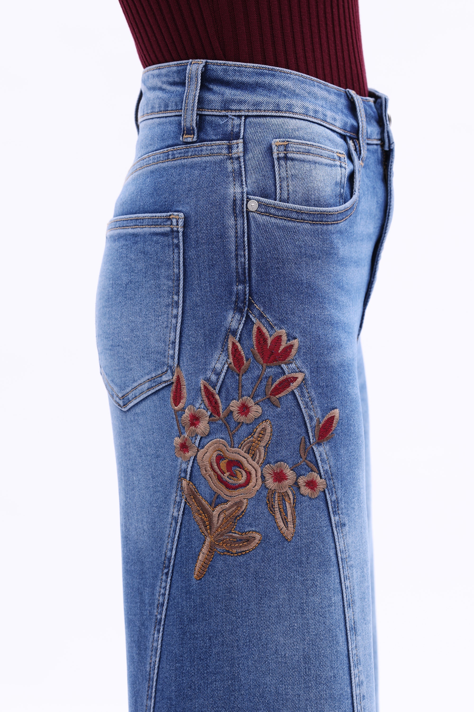 High Rise Embroidered Wide Leg Jeans