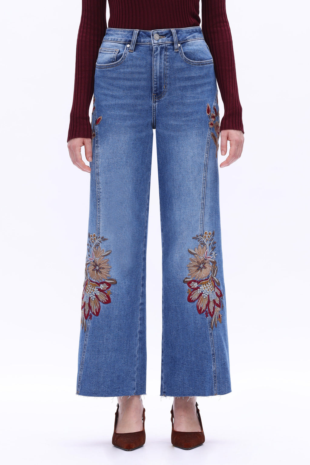 High Rise Embroidered Wide Leg Jeans