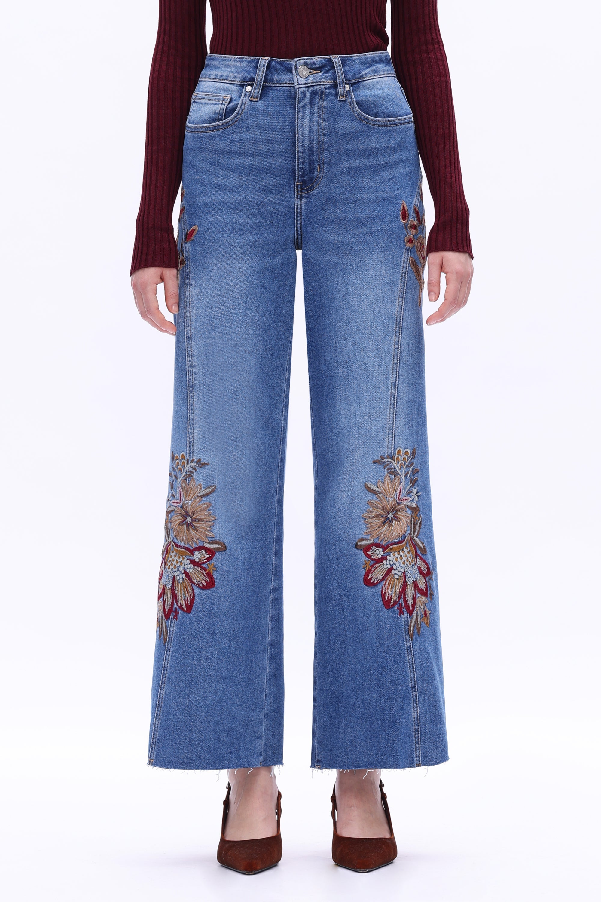 High Rise Embroidered Wide Leg Jeans
