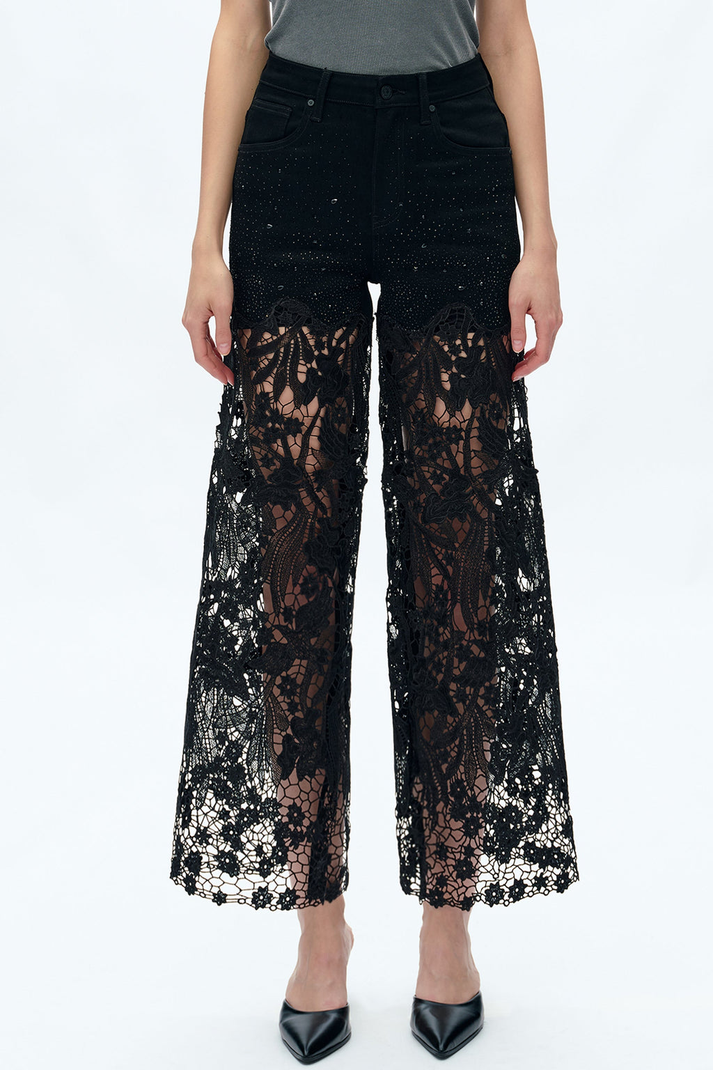 Embroidery High Rise Wide Leg Lace Denim Jeans With Rhinestone