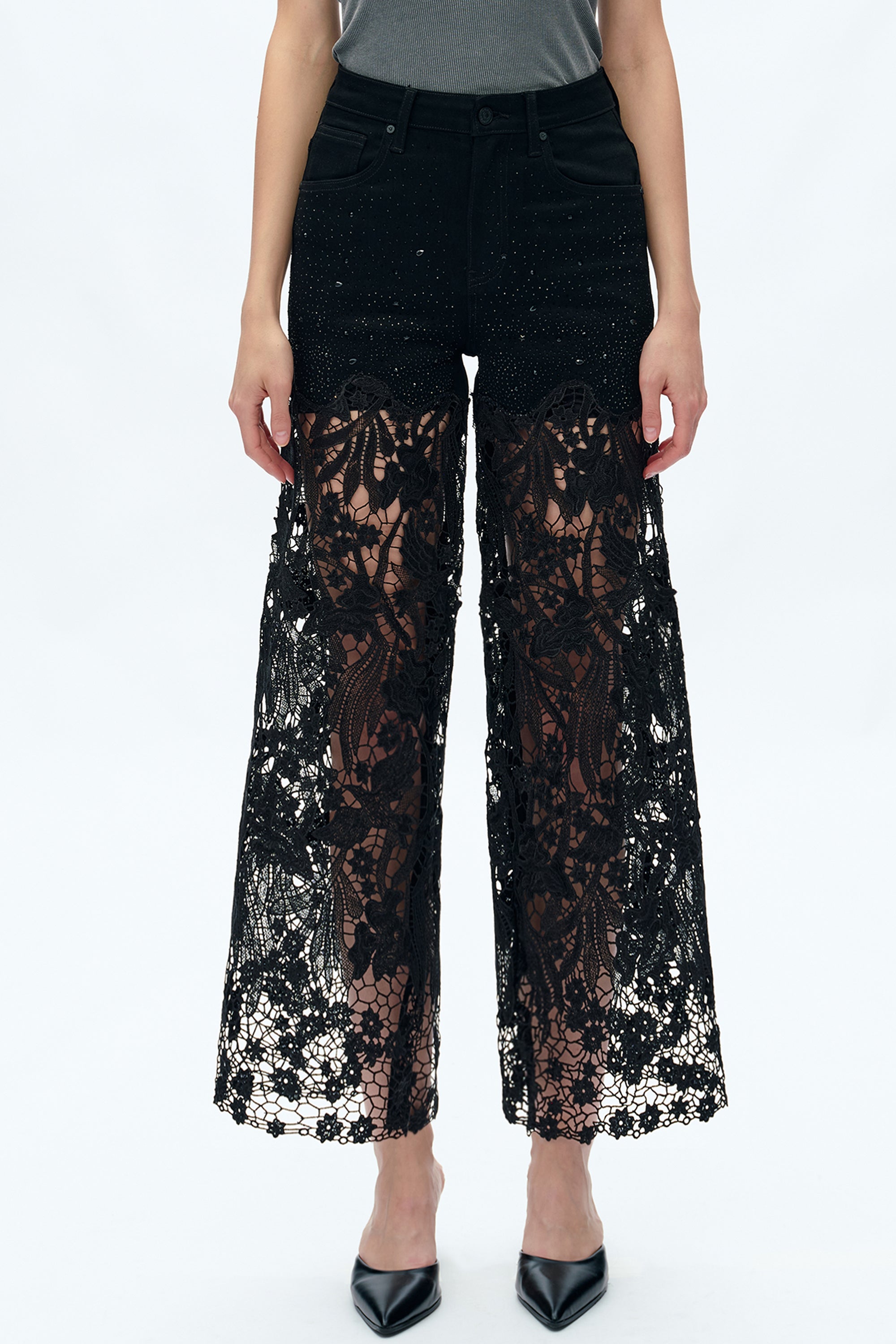 Embroidery High Rise Wide Leg Lace Denim Jeans With Rhinestone