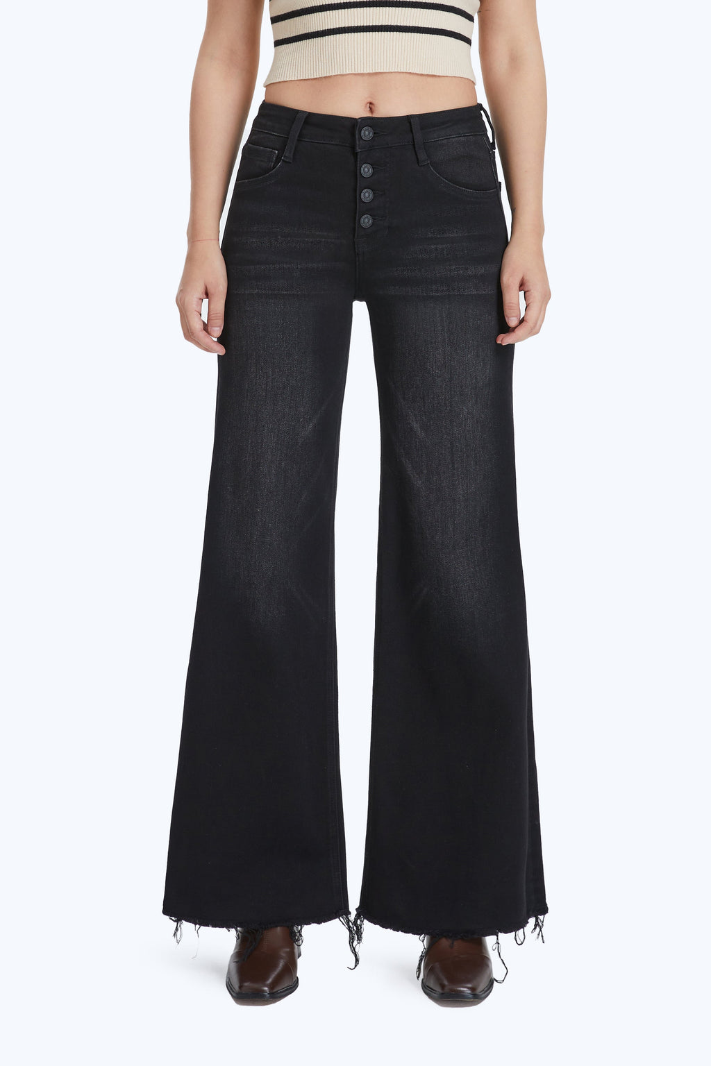 High Rise Wide Leg Denim Jeans With Frayed Hem