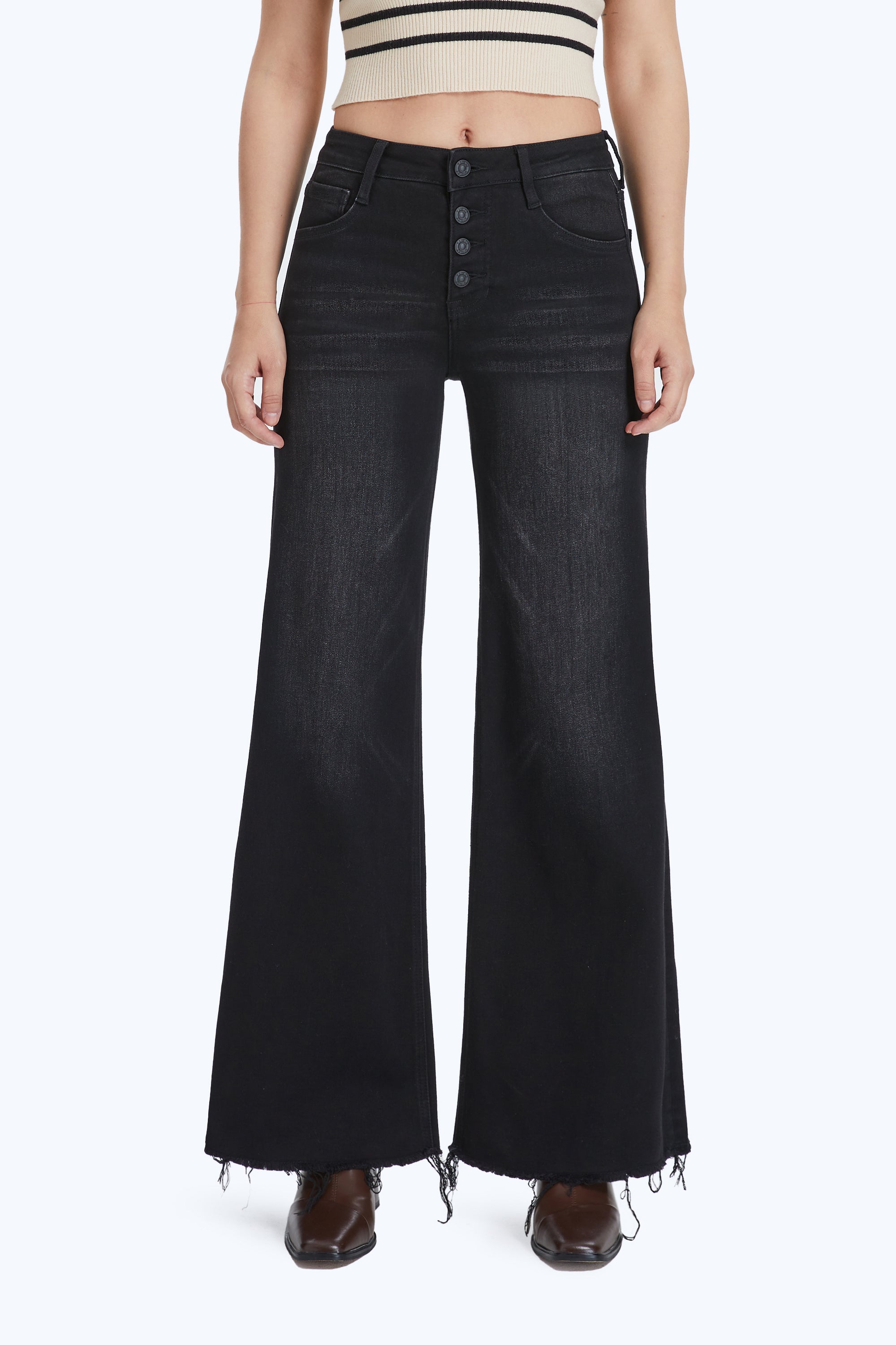 High Rise Wide Leg Denim Jeans With Frayed Hem