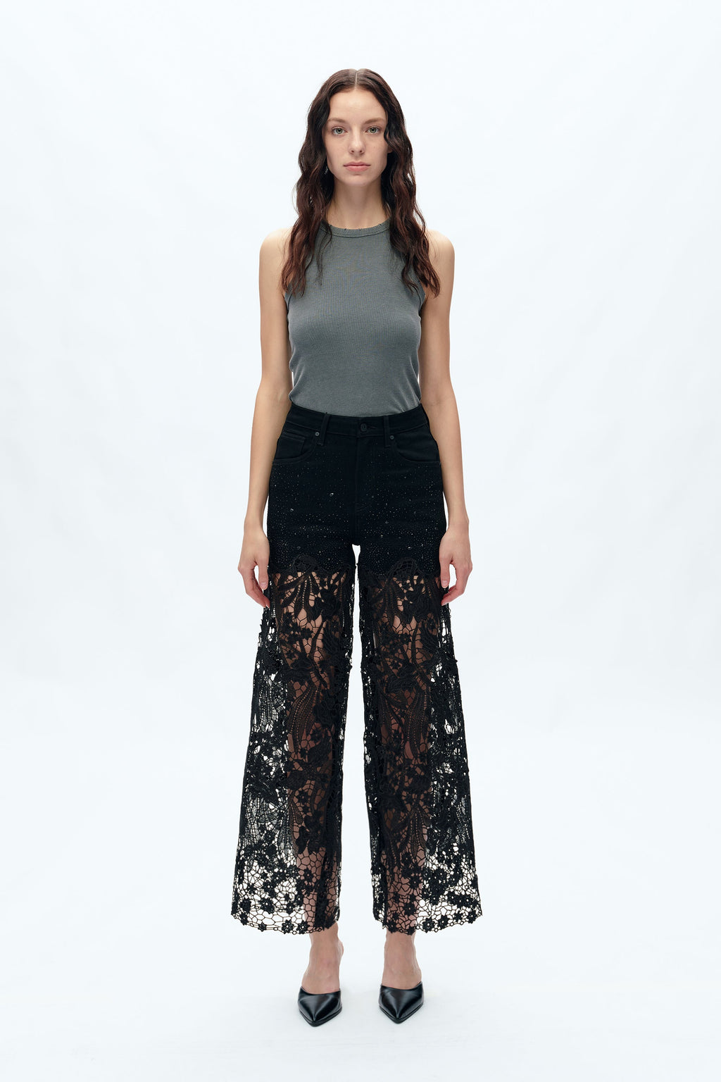 Embroidery High Rise Wide Leg Lace Denim Jeans With Rhinestone