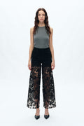 Embroidery High Rise Wide Leg Lace Denim Jeans With Rhinestone