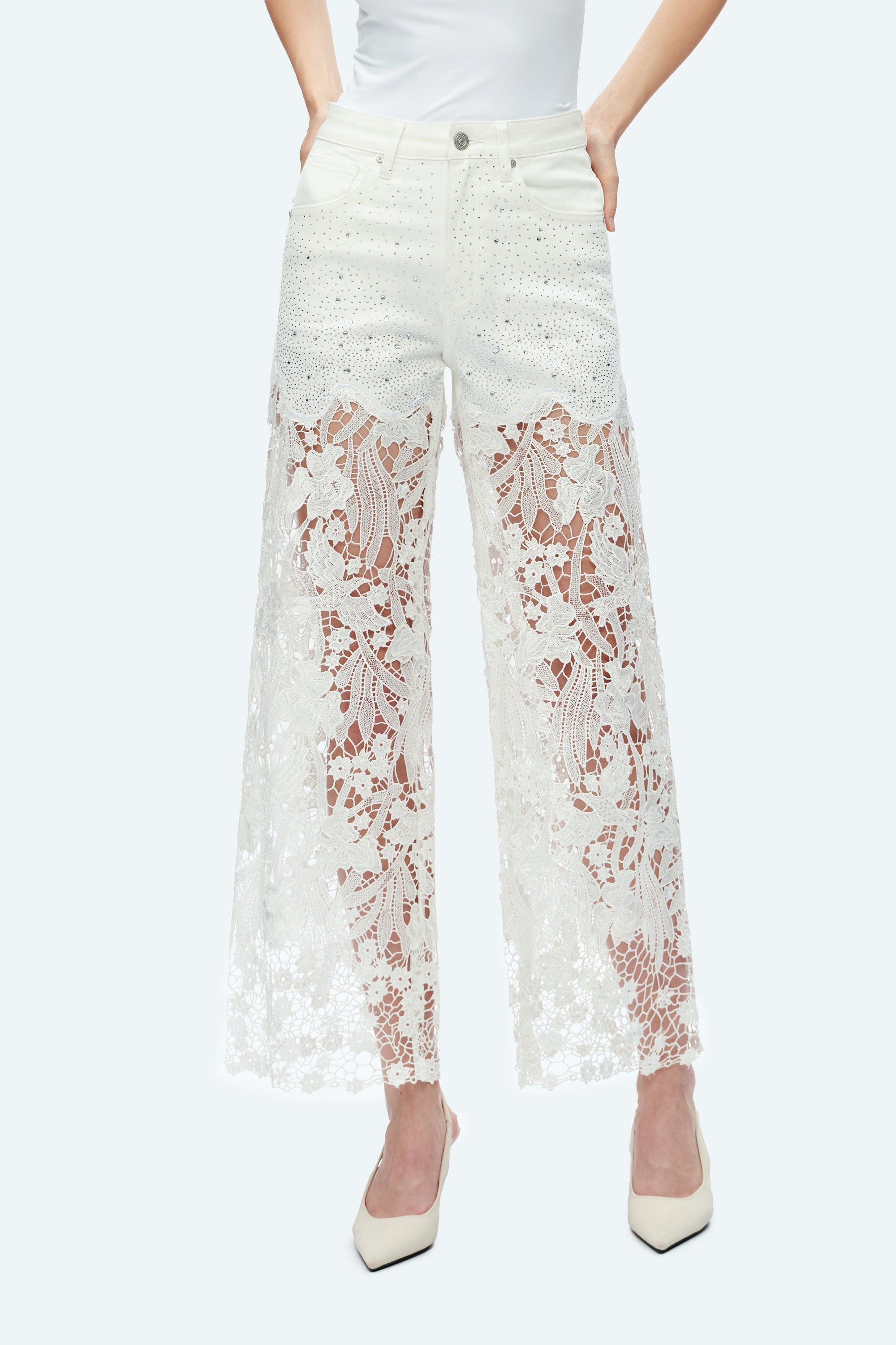 Embroidery High Rise Wide Leg Lace Denim Jeans With Rhinestone