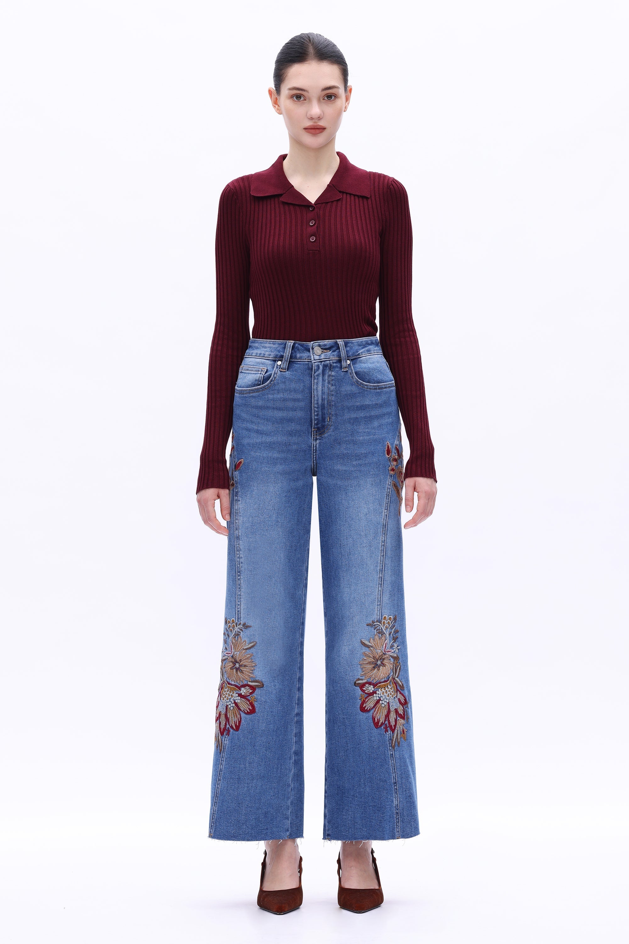 High Rise Embroidered Wide Leg Jeans