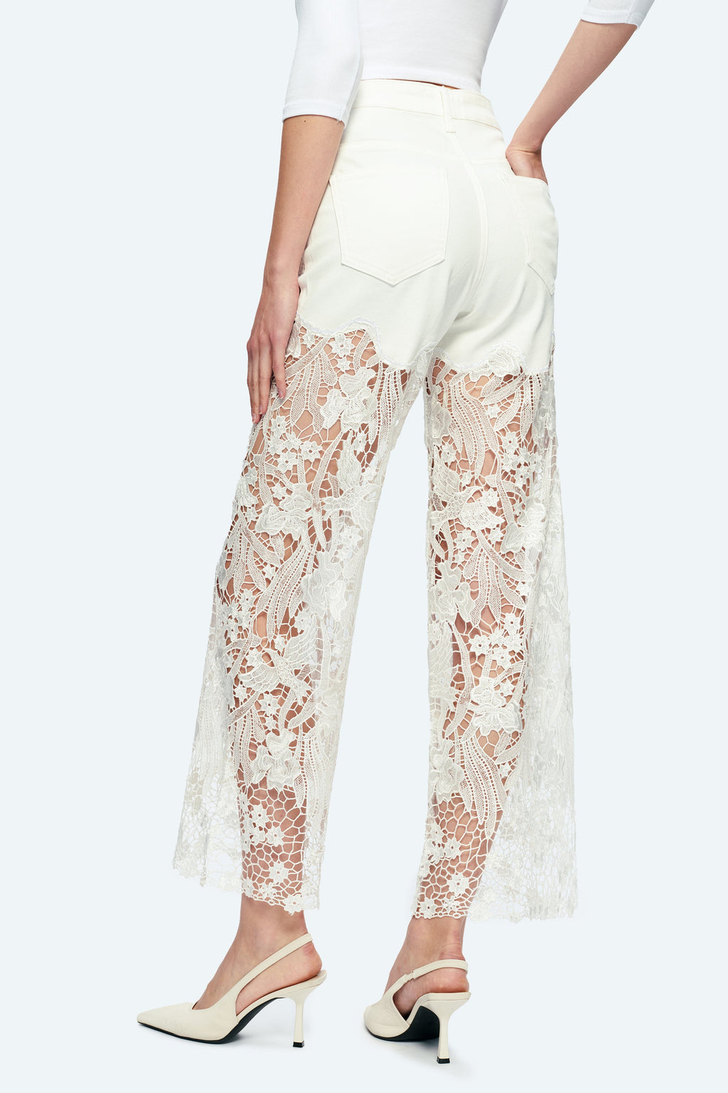 Embroidery High Rise Wide Leg Lace Denim Jeans With Rhinestone