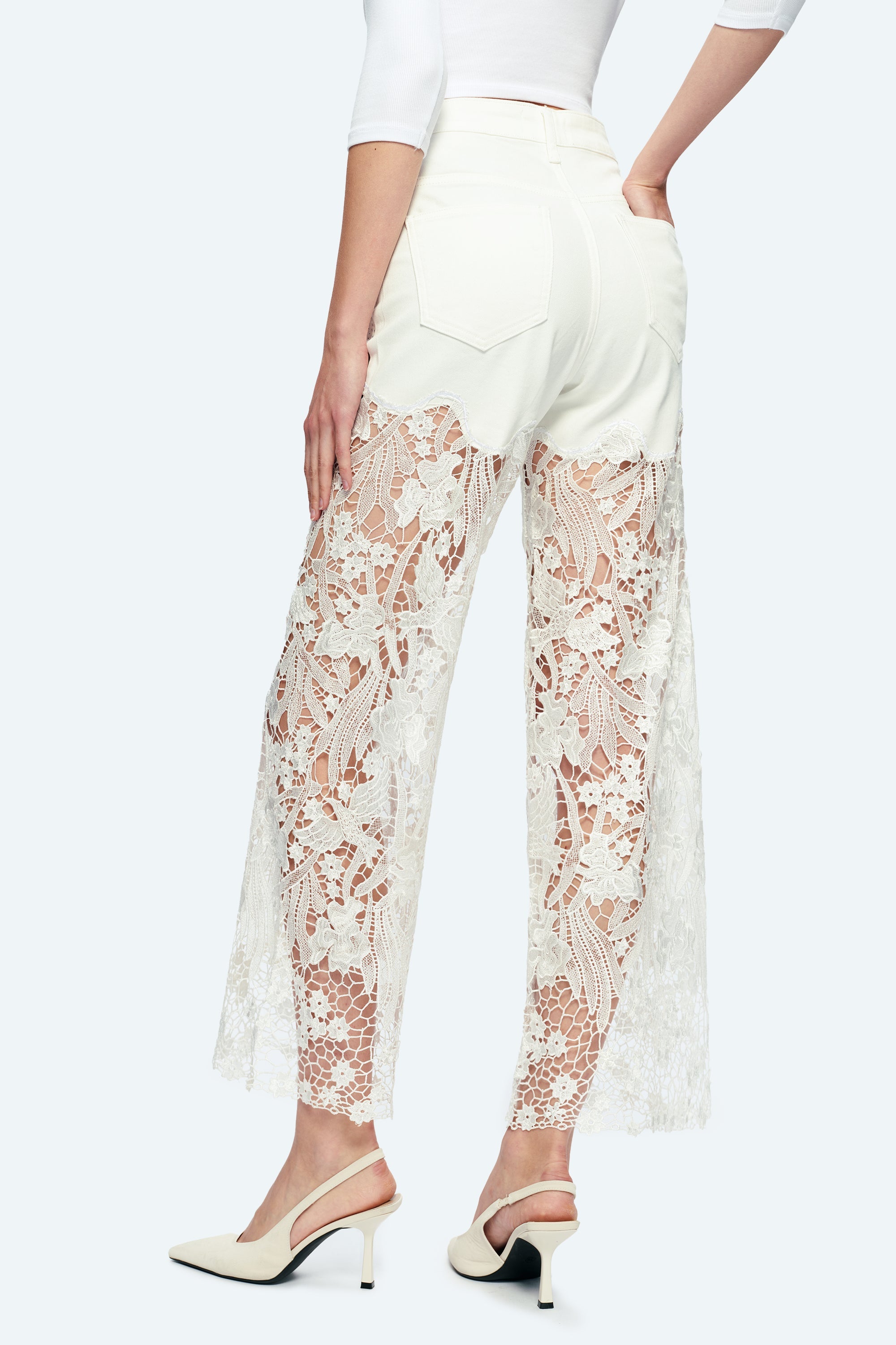 Embroidery High Rise Wide Leg Lace Denim Jeans With Rhinestone