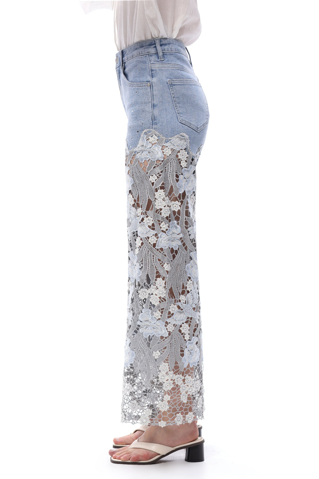 Embroidery High Rise Wide Leg Lace Denim Jeans With Rhinestone