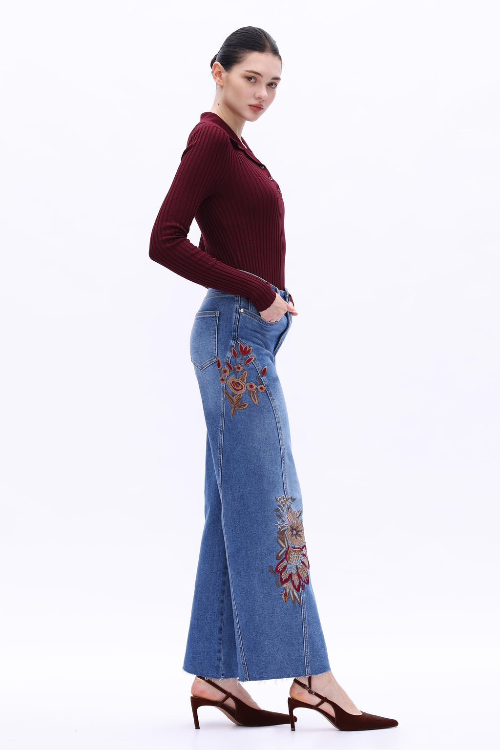 High Rise Embroidered Wide Leg Jeans