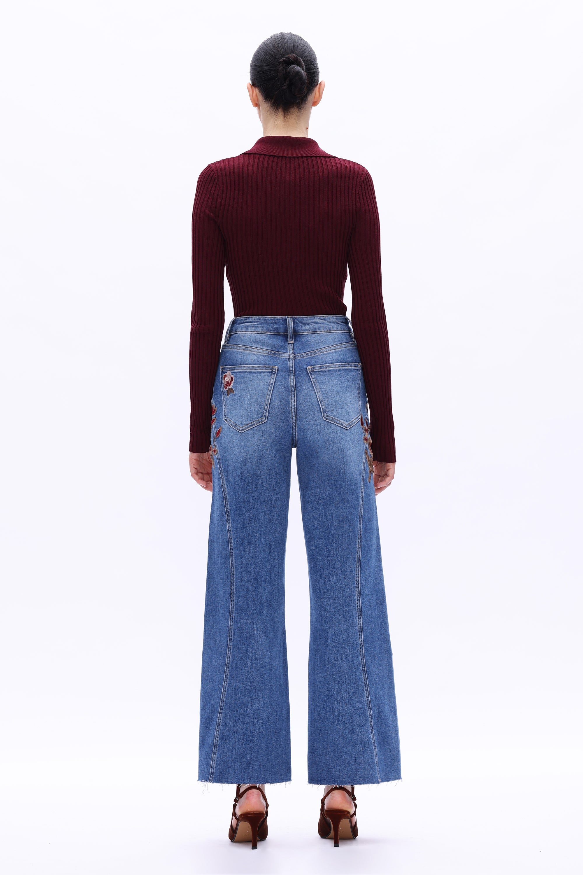 High Rise Embroidered Wide Leg Jeans