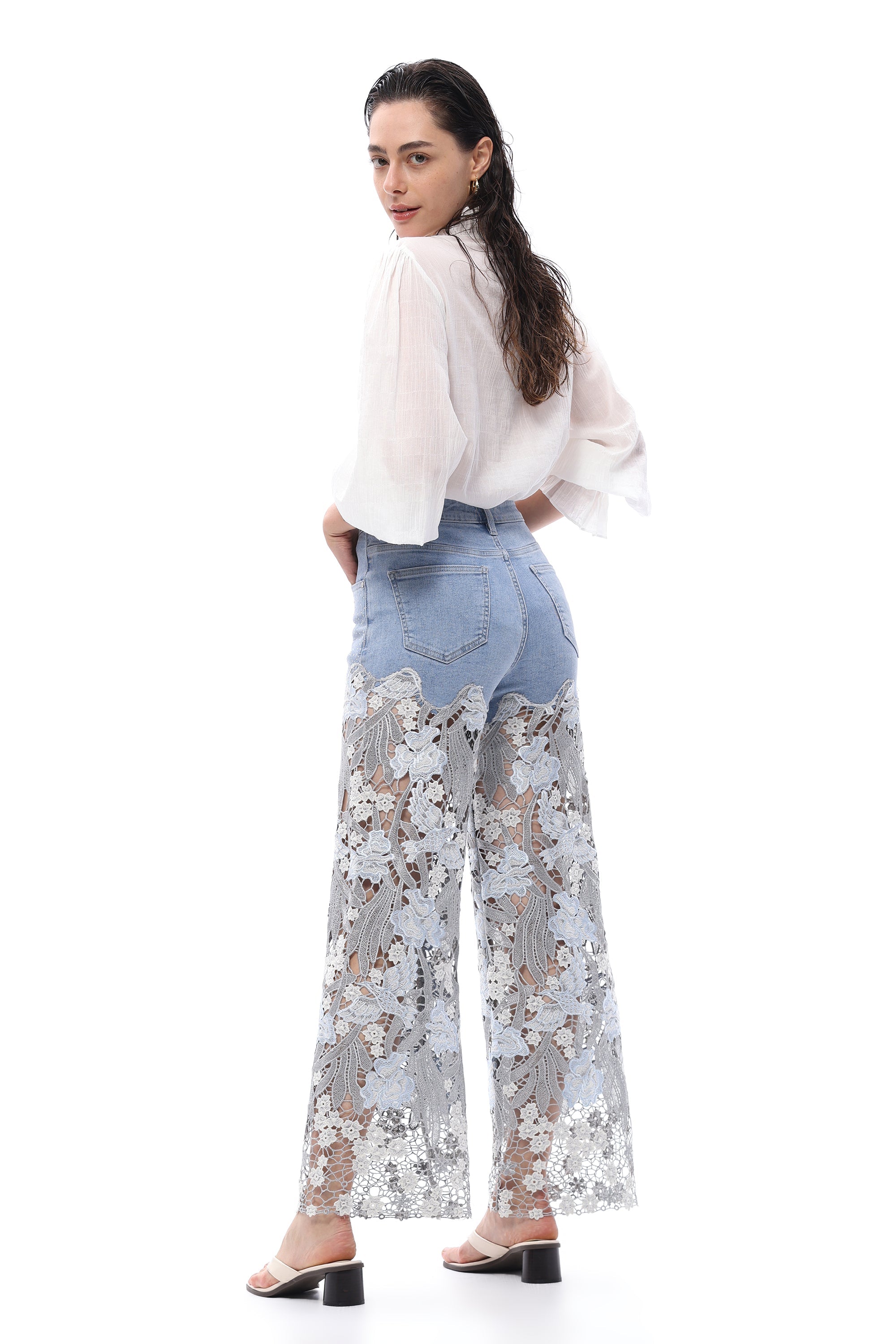 Embroidery High Rise Wide Leg Lace Denim Jeans With Rhinestone
