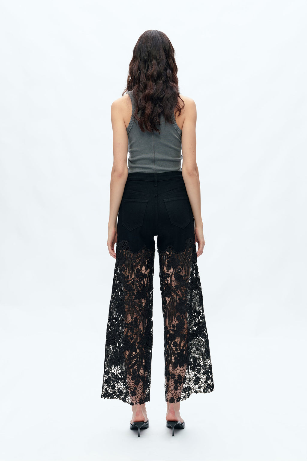 Embroidery High Rise Wide Leg Lace Denim Jeans With Rhinestone