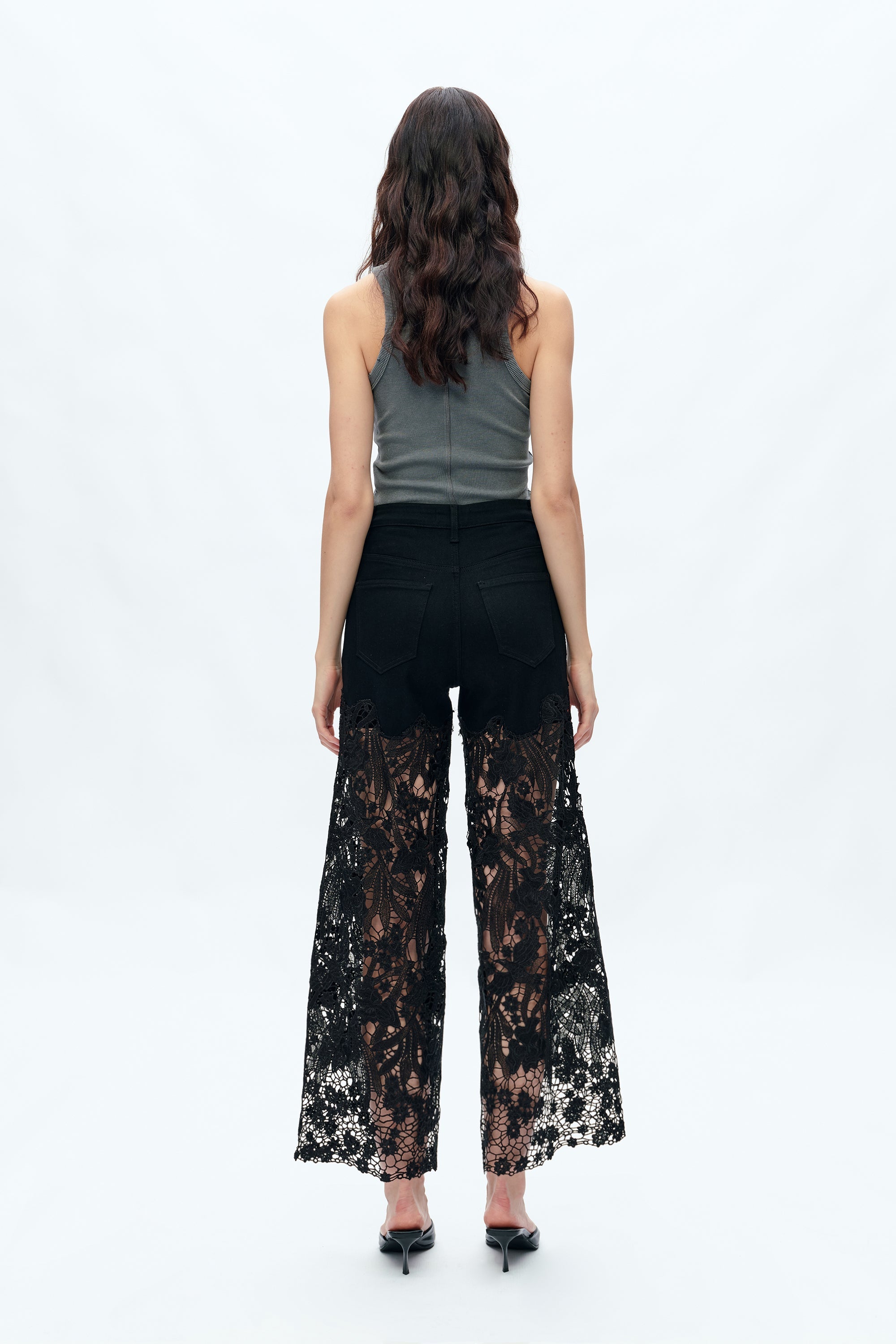 Embroidery High Rise Wide Leg Lace Denim Jeans With Rhinestone