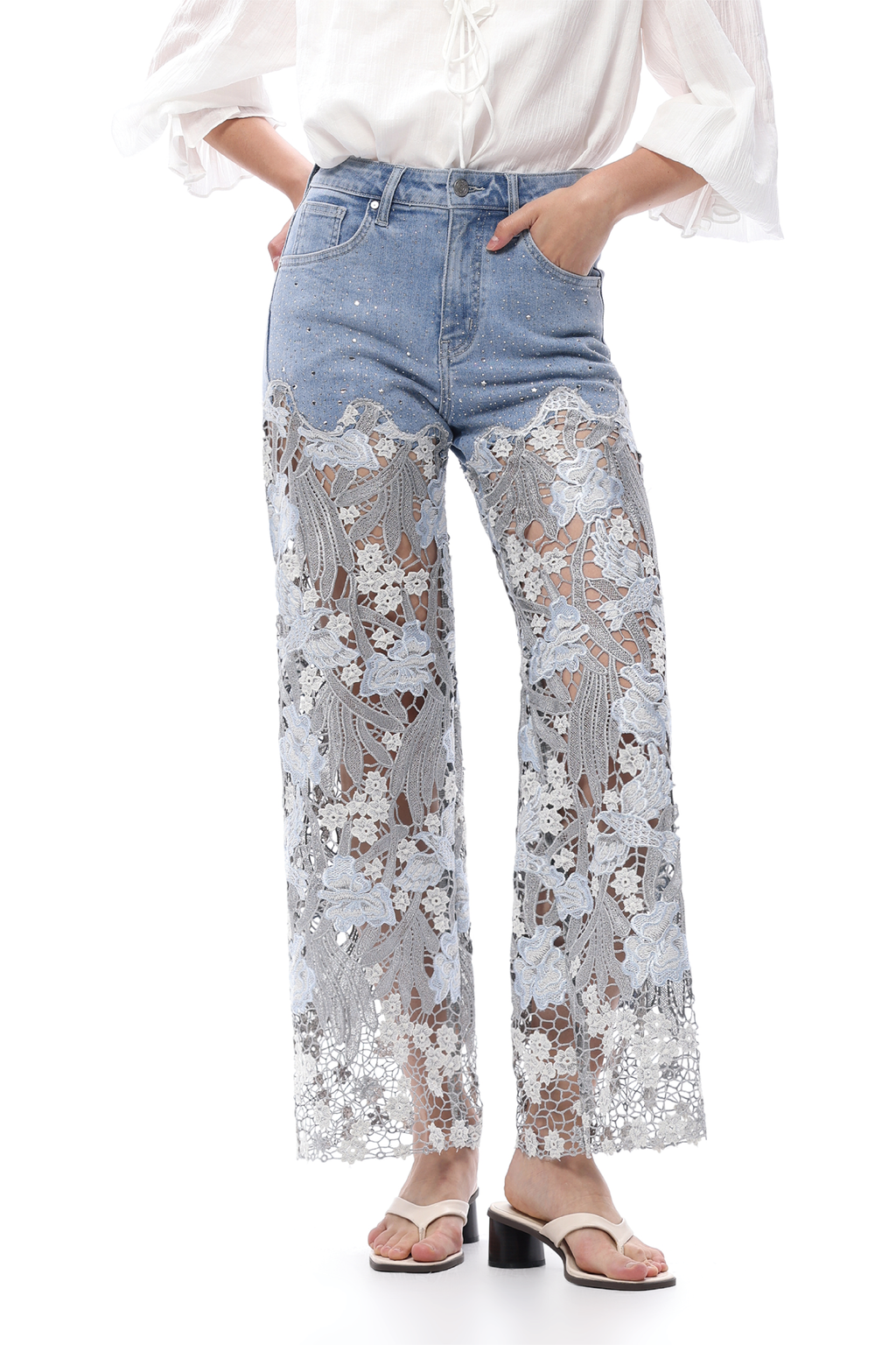 Embroidery High Rise Wide Leg Lace Denim Jeans With Rhinestone