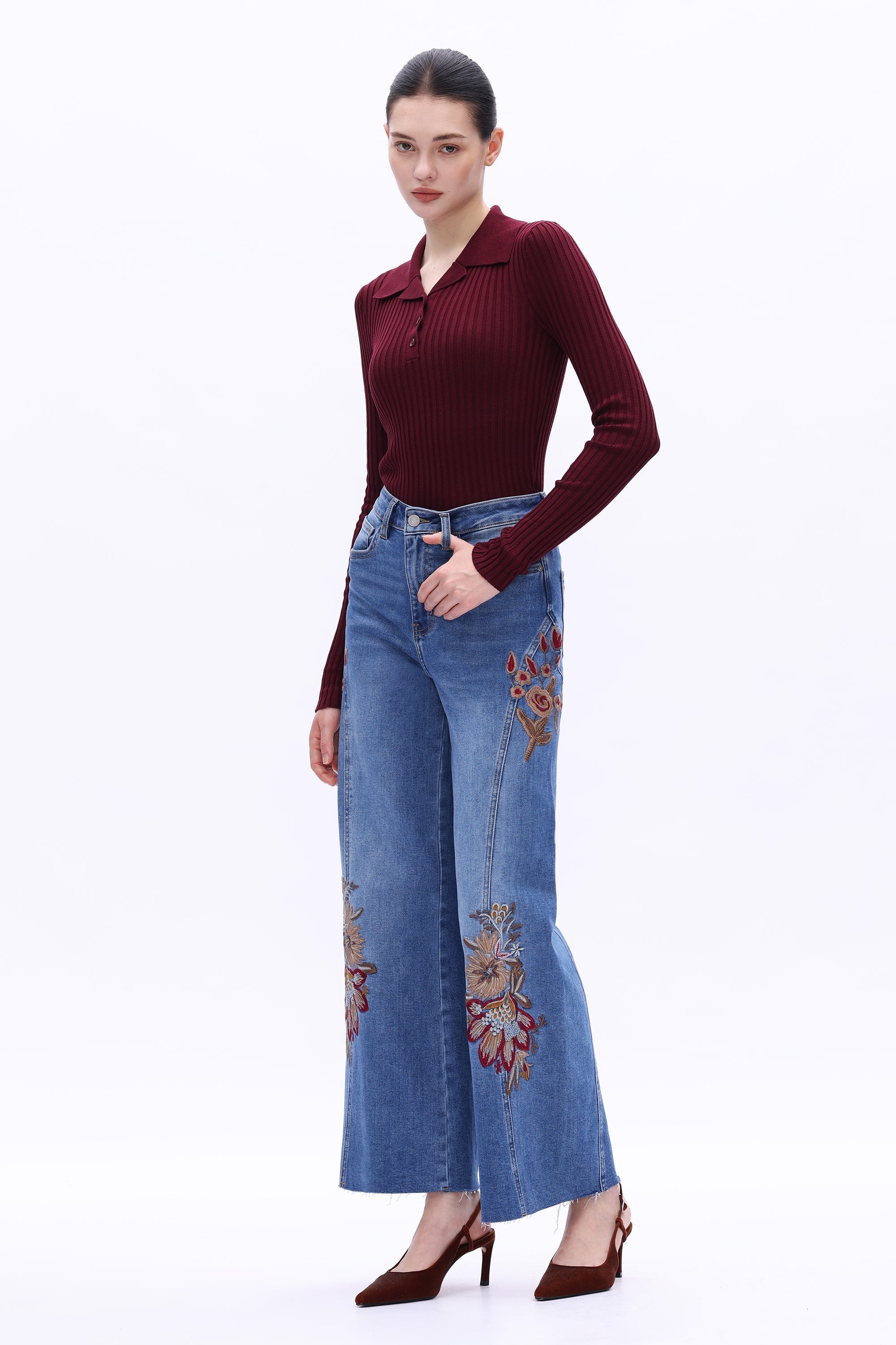 High Rise Embroidered Wide Leg Jeans
