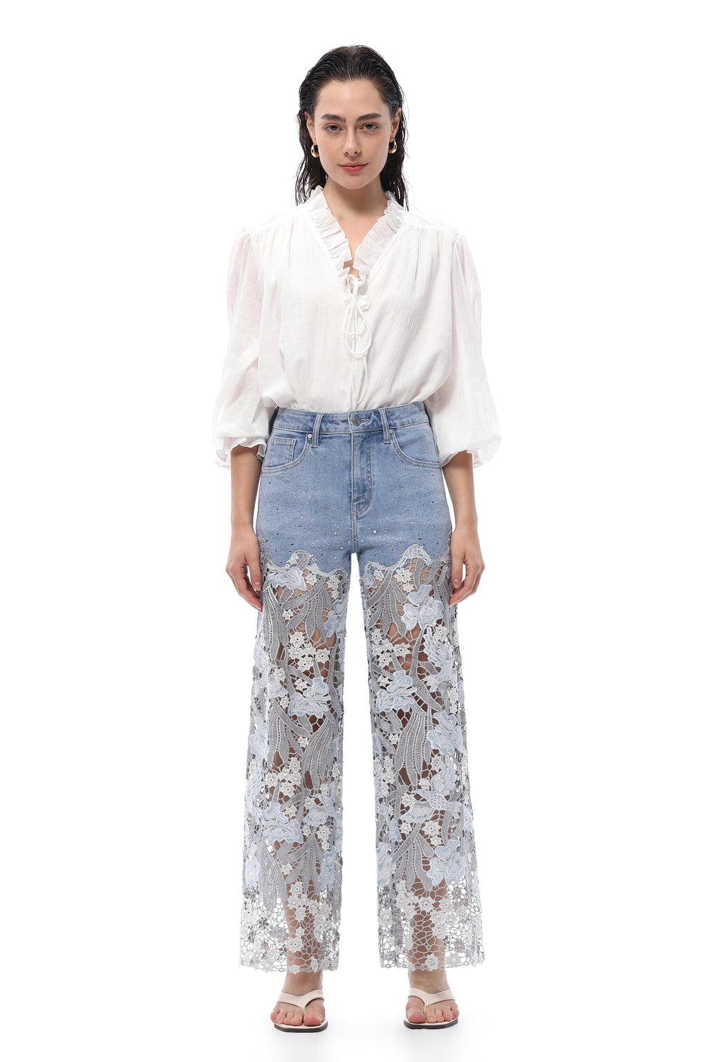 Embroidery High Rise Wide Leg Lace Denim Jeans With Rhinestone