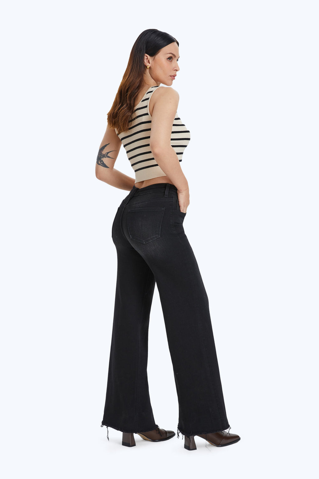 High Rise Wide Leg Denim Jeans With Frayed Hem