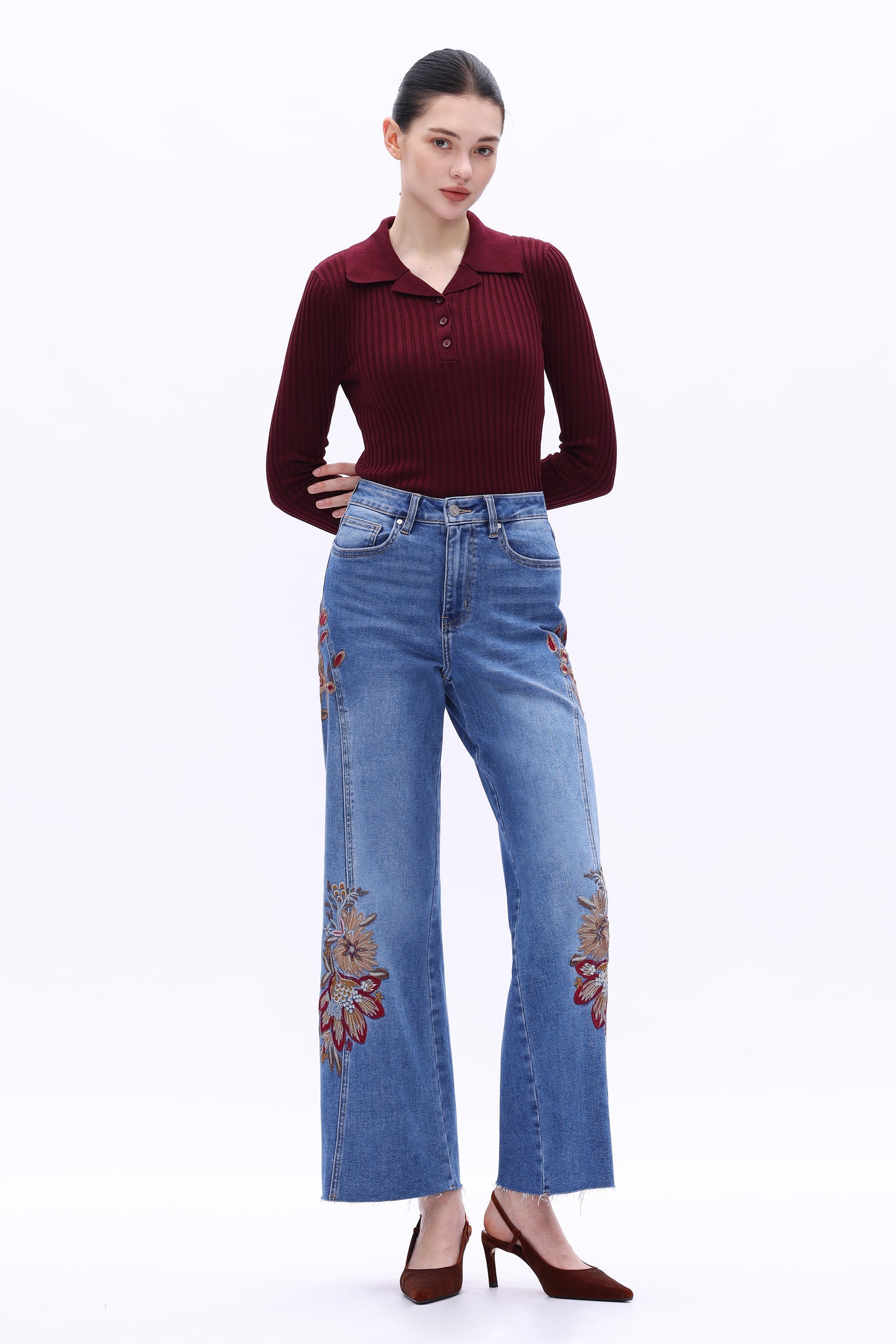 High Rise Embroidered Wide Leg Jeans