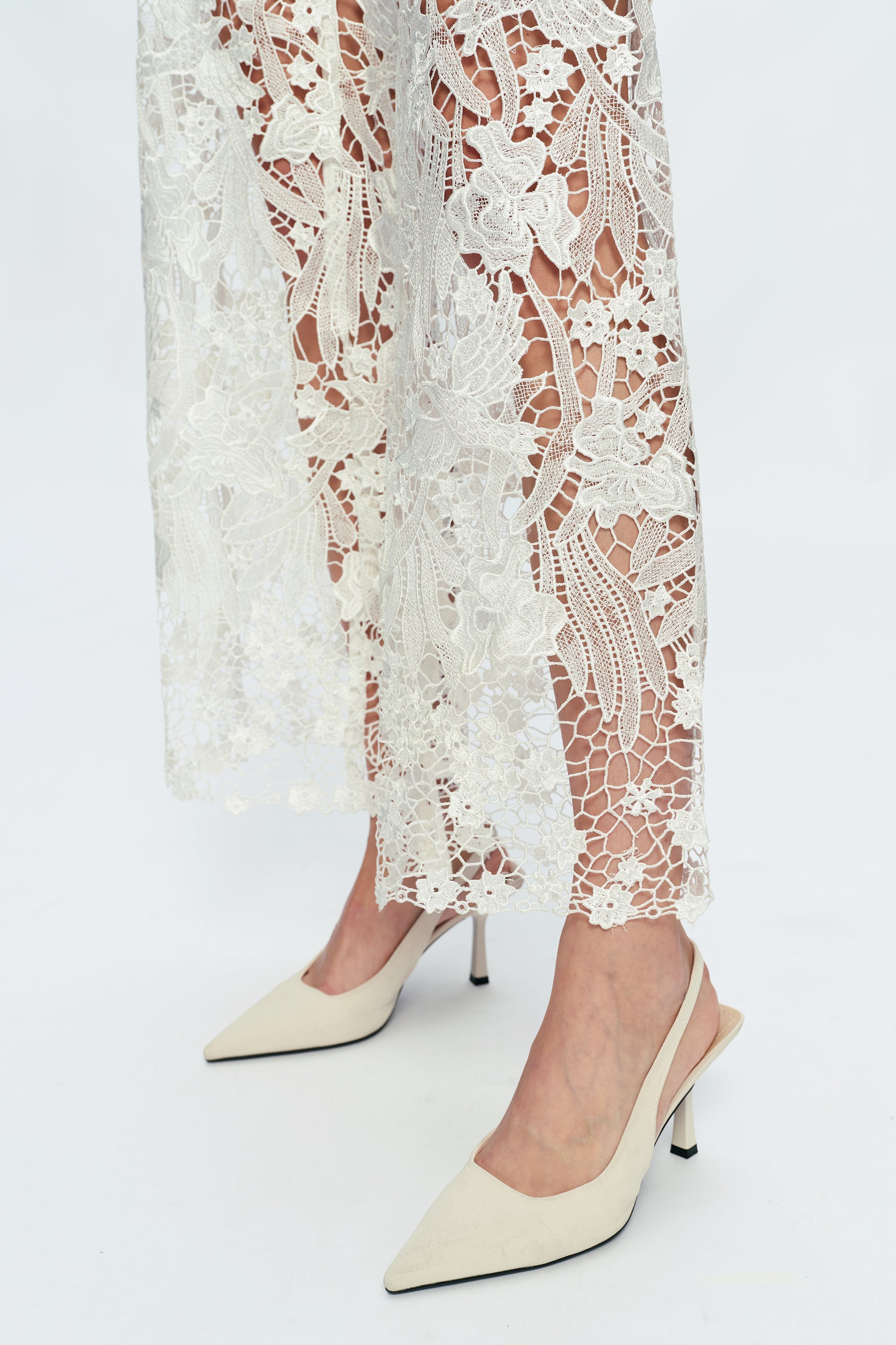 Embroidery High Rise Wide Leg Lace Denim Jeans With Rhinestone