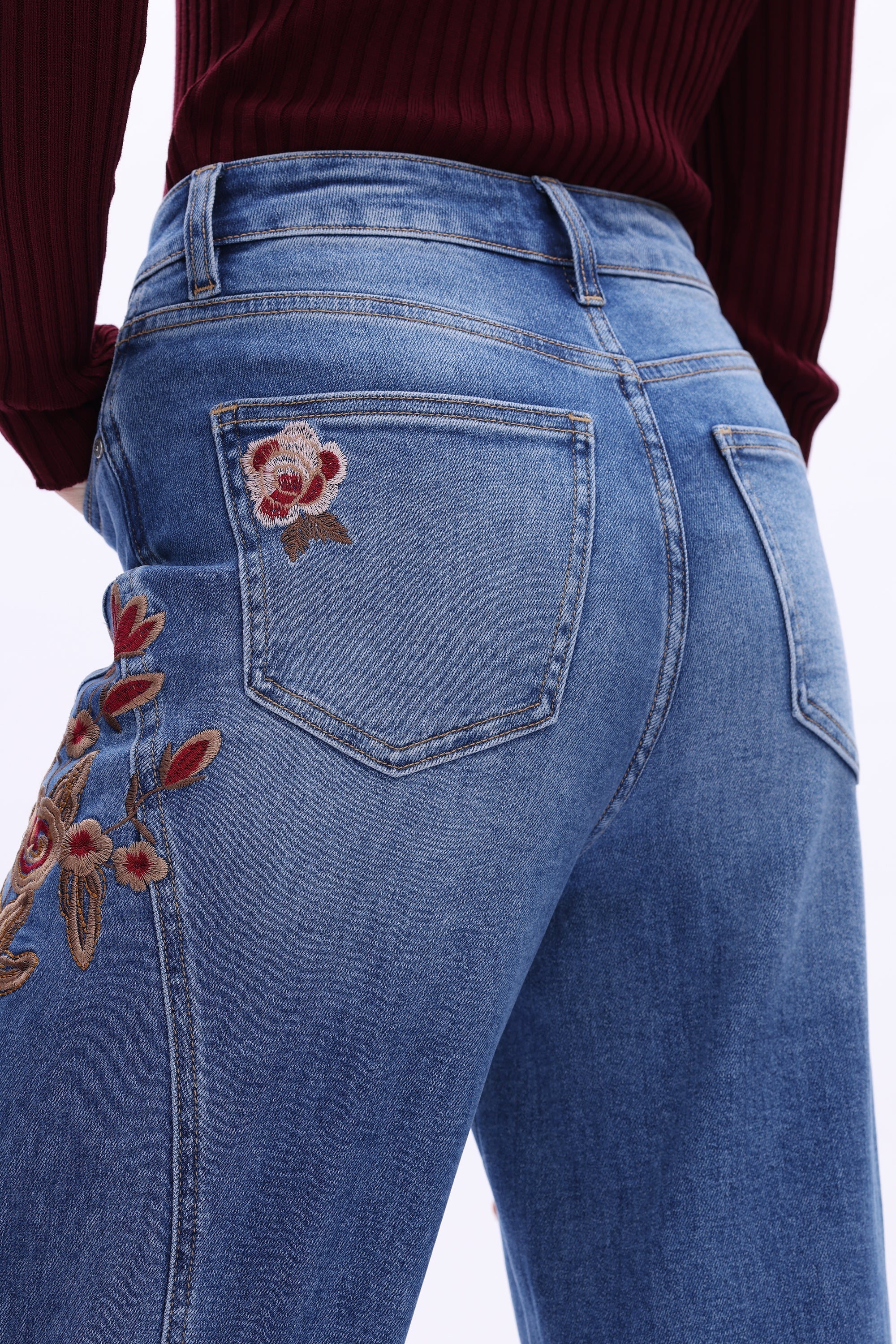 High Rise Embroidered Wide Leg Jeans