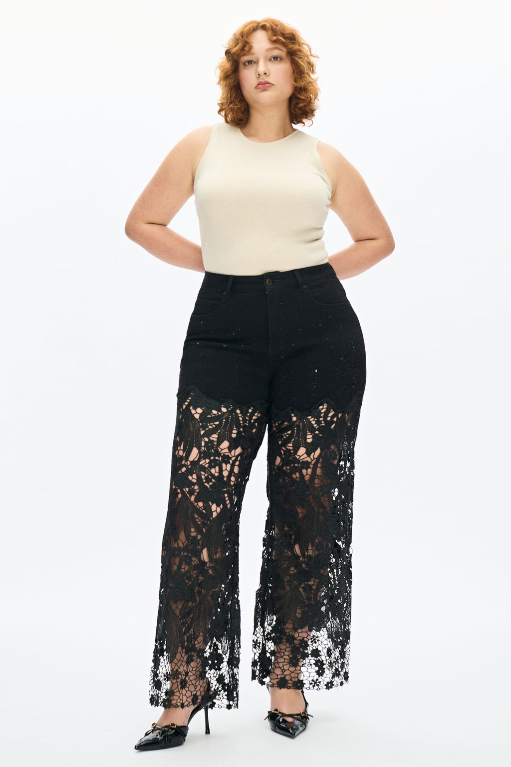 Embroidery High Rise Wide Leg Lace Denim Jeans With Rhinestone