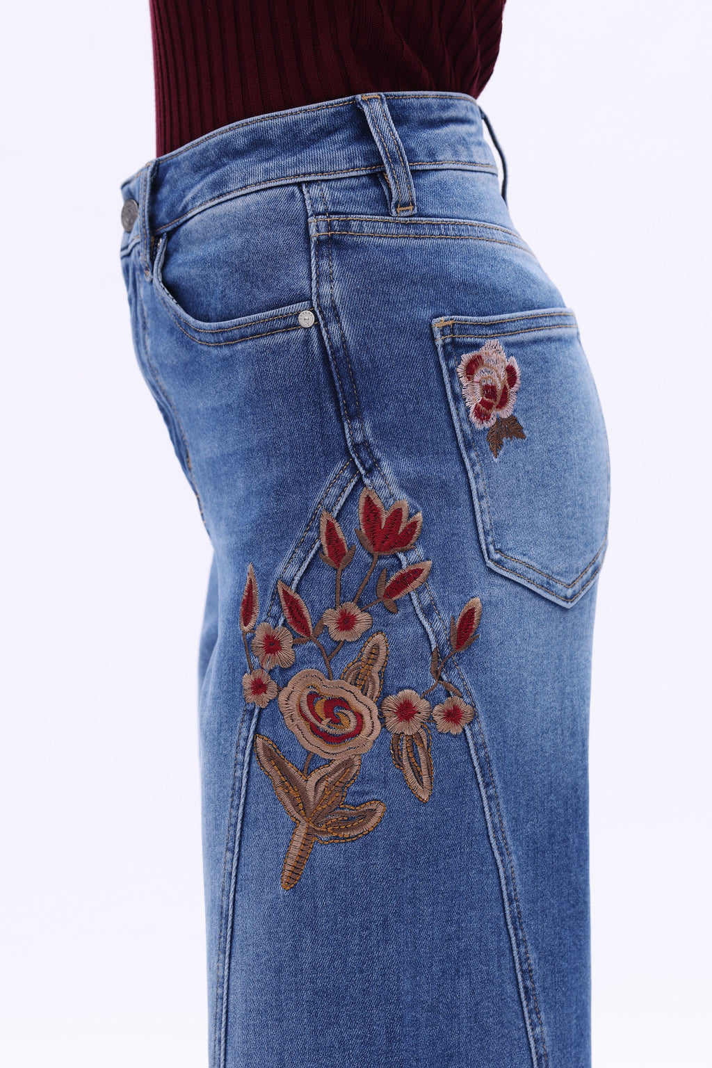 High Rise Embroidered Wide Leg Jeans