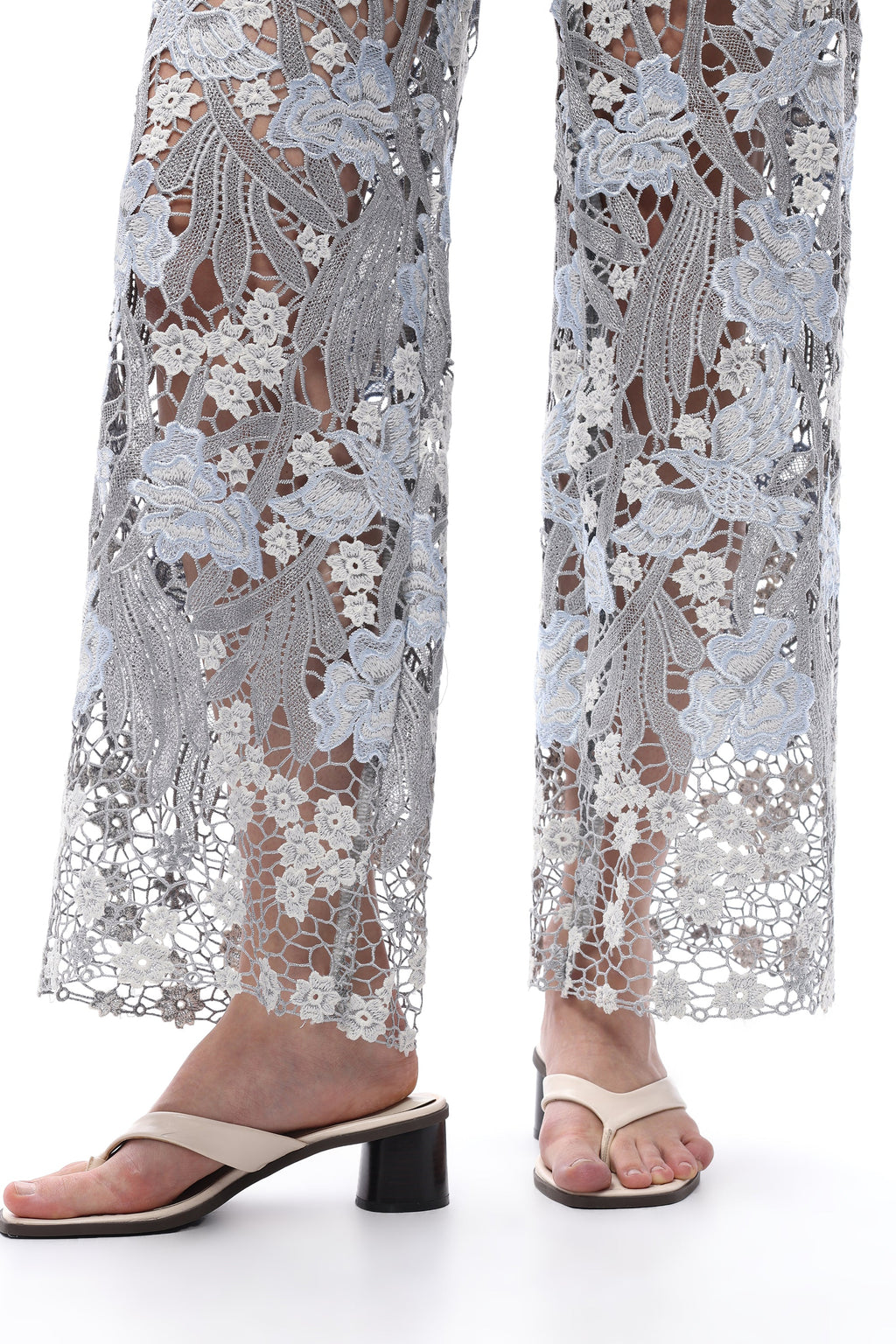 Embroidery High Rise Wide Leg Lace Denim Jeans With Rhinestone