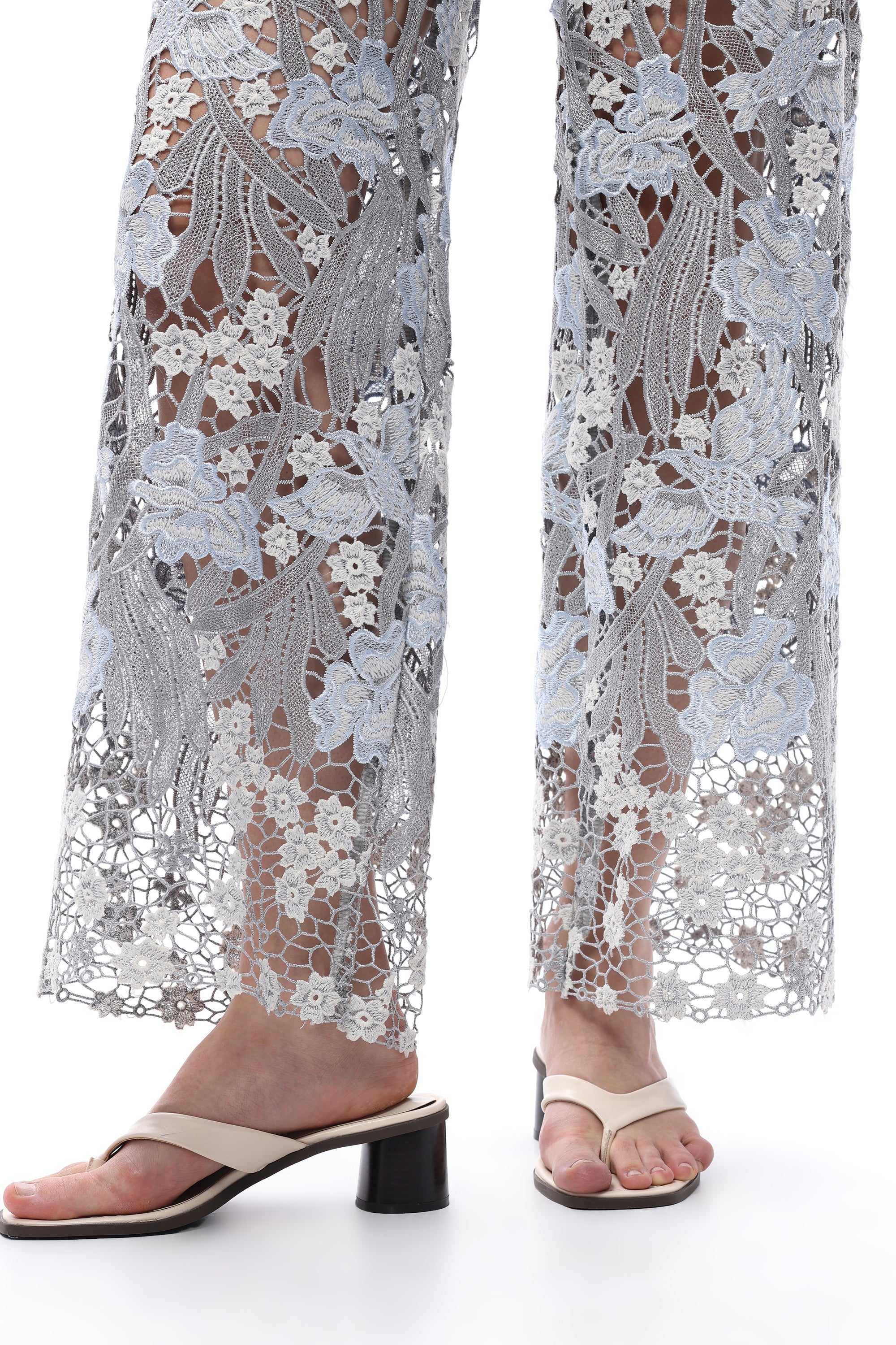 Embroidery High Rise Wide Leg Lace Denim Jeans With Rhinestone