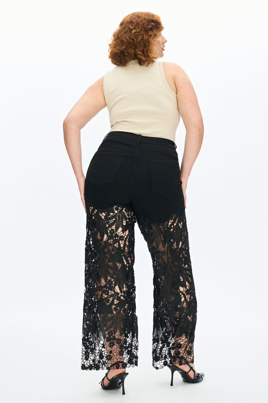 Embroidery High Rise Wide Leg Lace Denim Jeans With Rhinestone