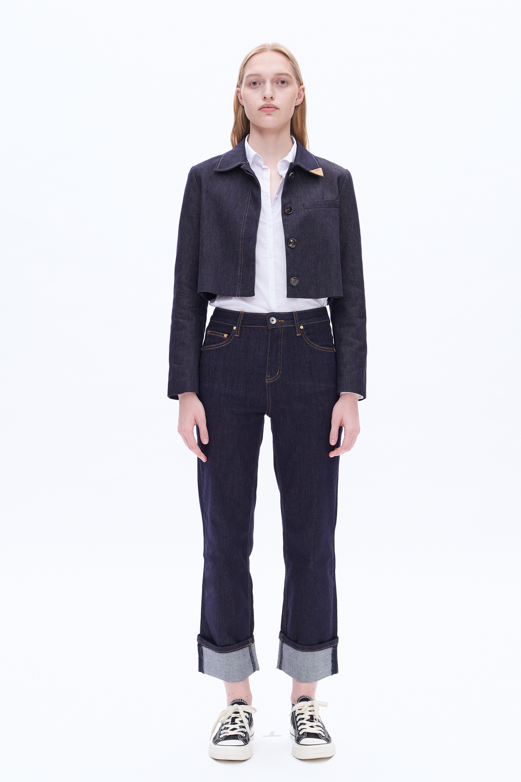 High Rise Straight Cuffed Denim Jeans