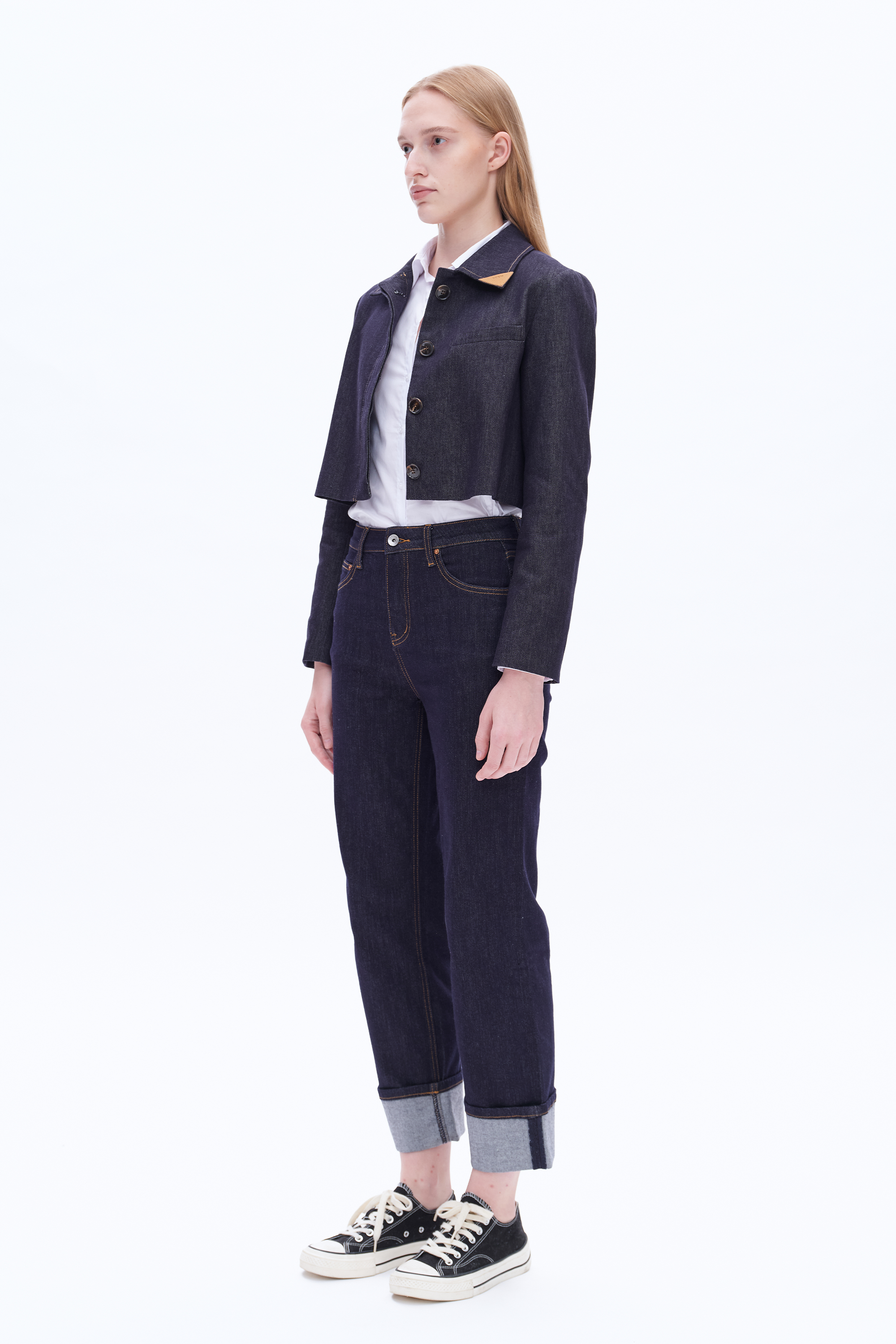 High Rise Straight Cuffed Denim Jeans