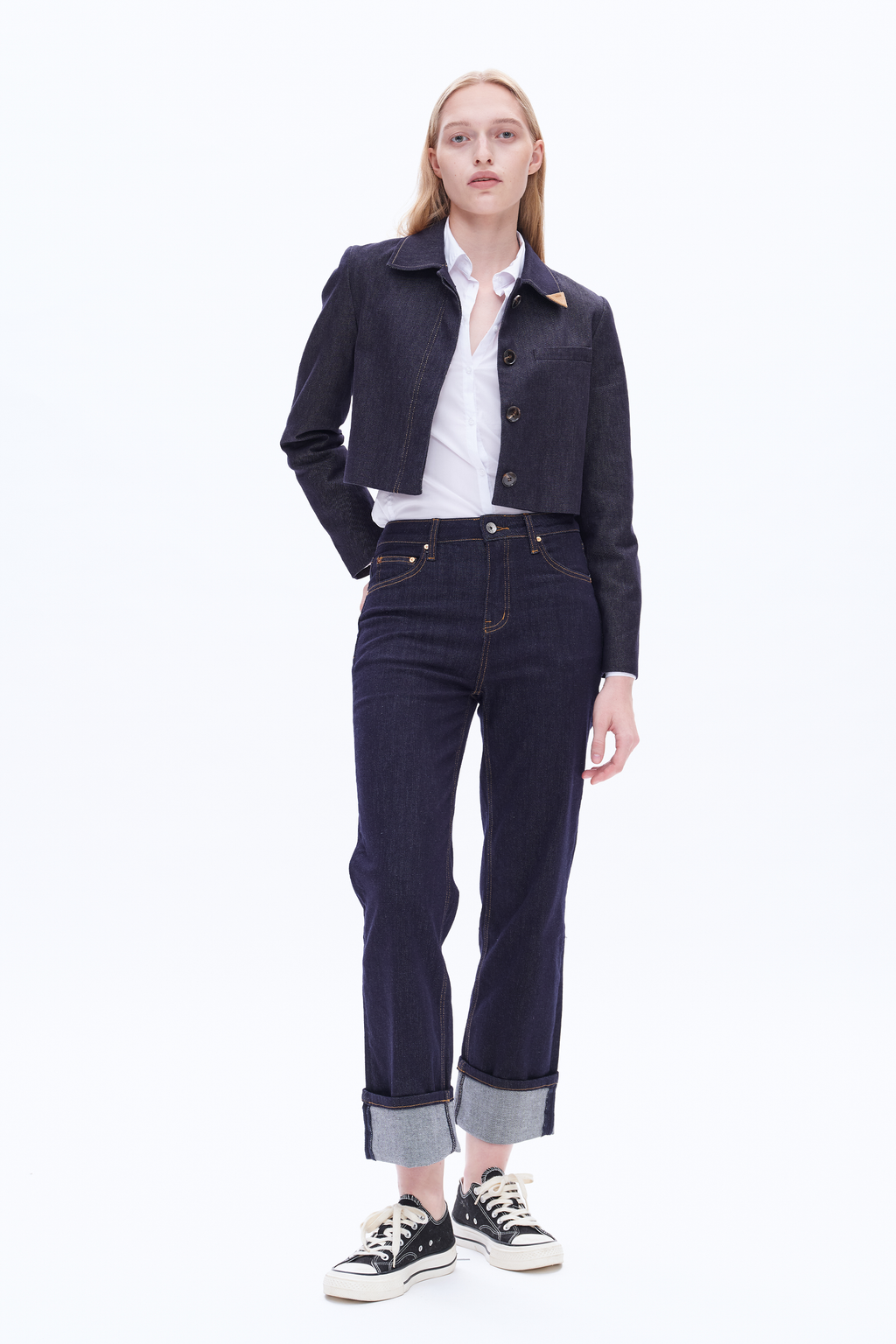 High Rise Straight Cuffed Denim Jeans