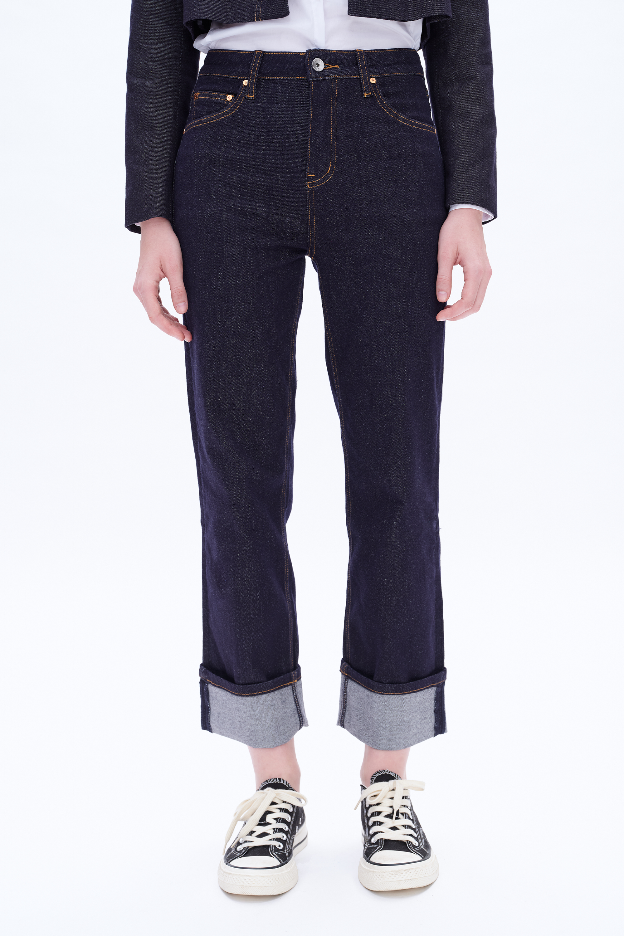 High Rise Straight Cuffed Denim Jeans