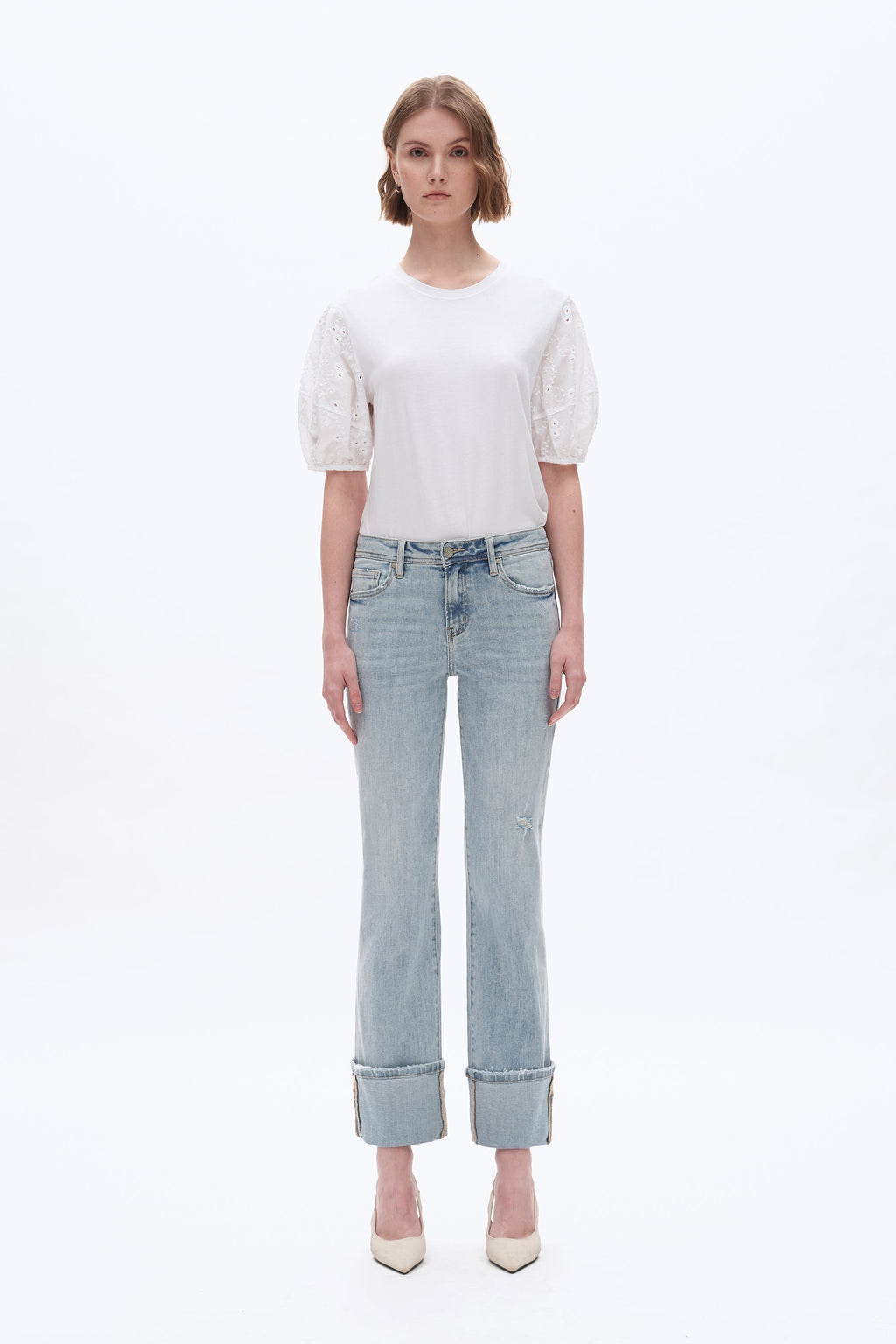 Flora Mid Rise Straight Cuffed Denim Jeans