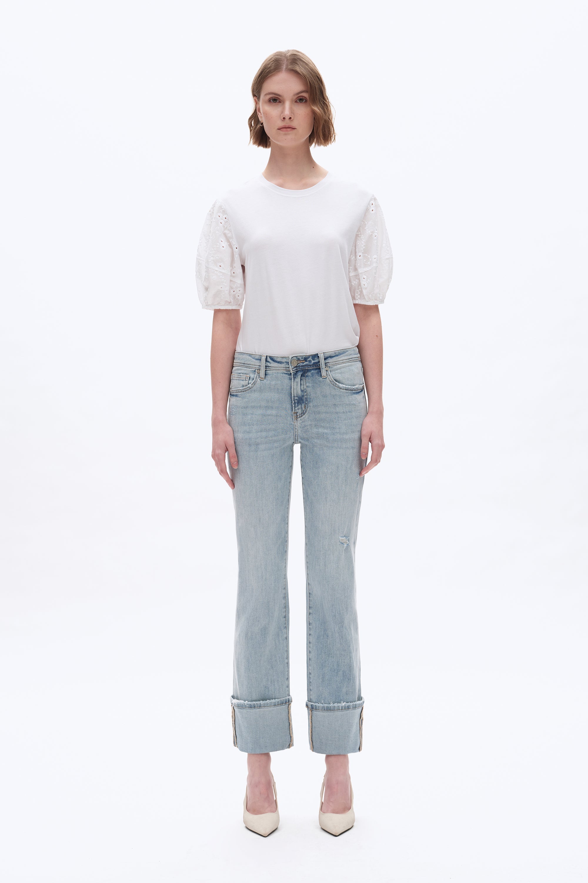 Flora Mid Rise Straight Cuffed Denim Jeans