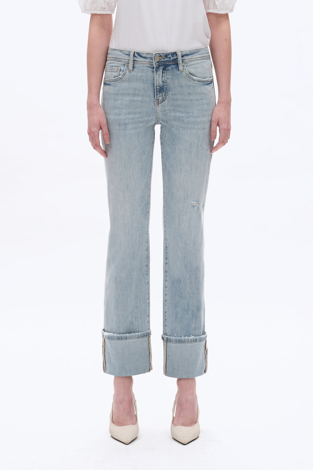 Flora Mid Rise Straight Cuffed Denim Jeans