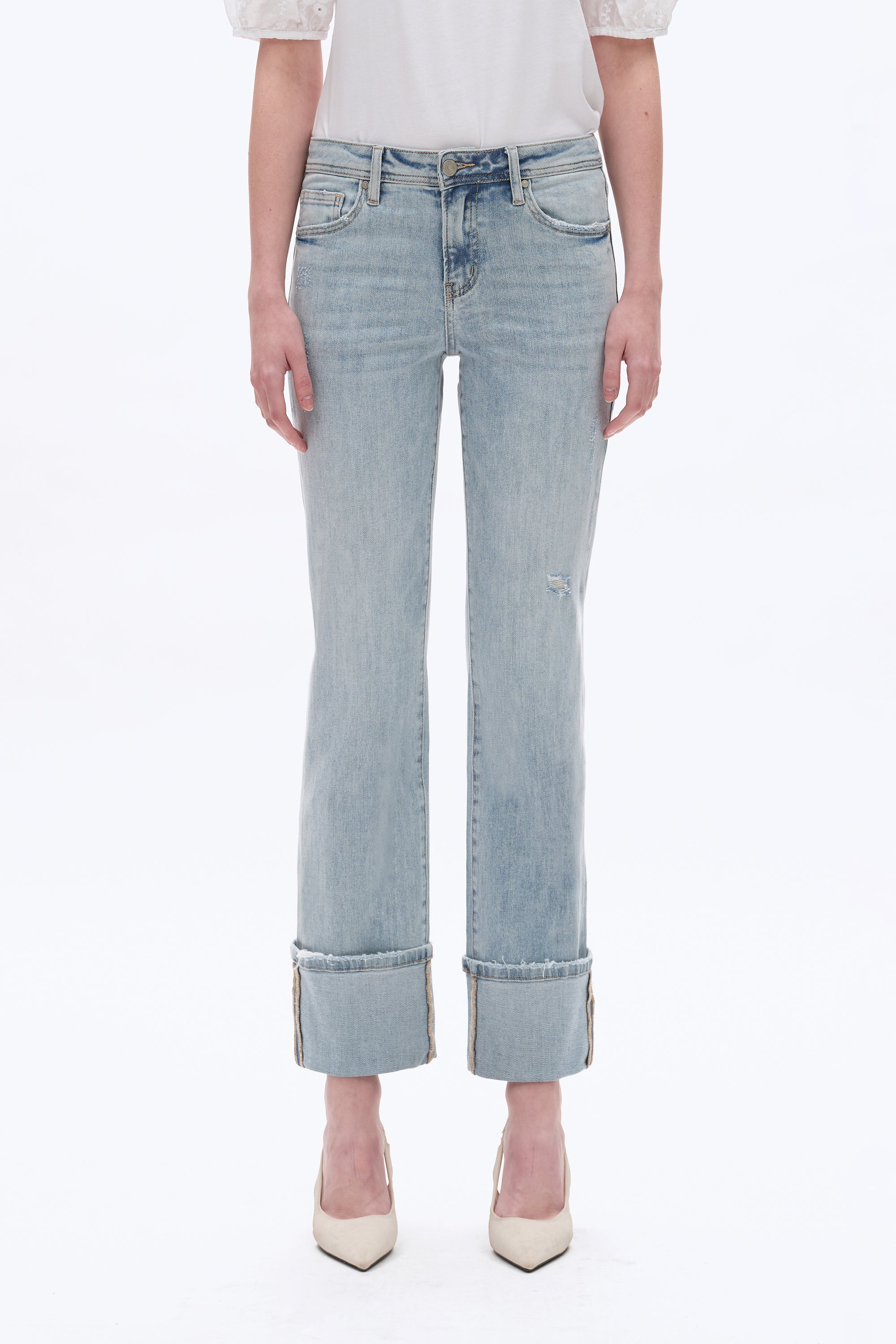 Flora Mid Rise Straight Cuffed Denim Jeans