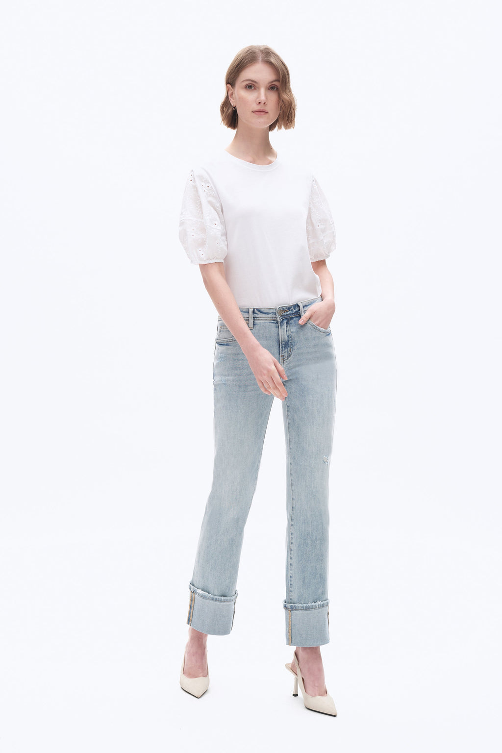 Flora Mid Rise Straight Cuffed Denim Jeans
