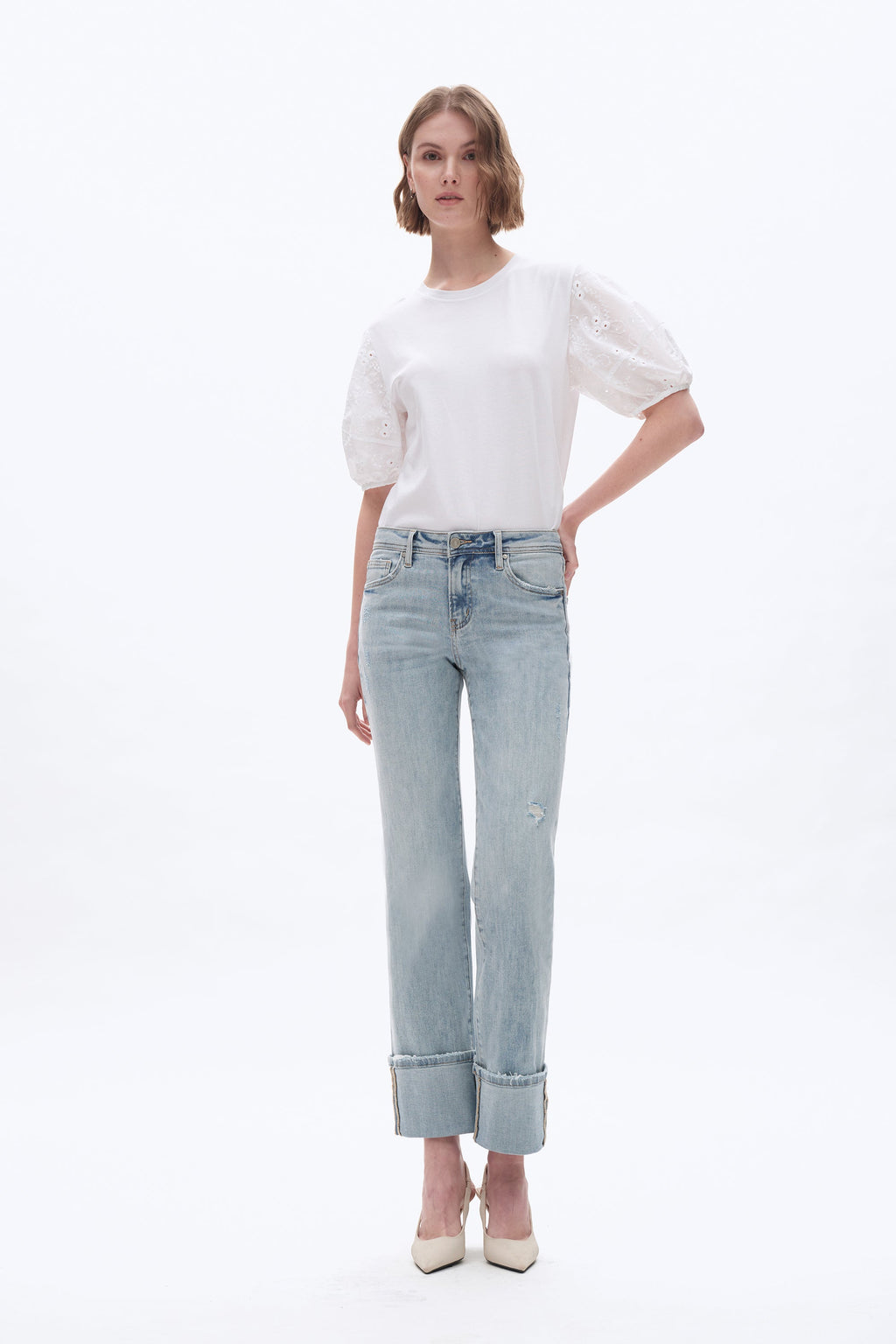 Flora Mid Rise Straight Cuffed Denim Jeans