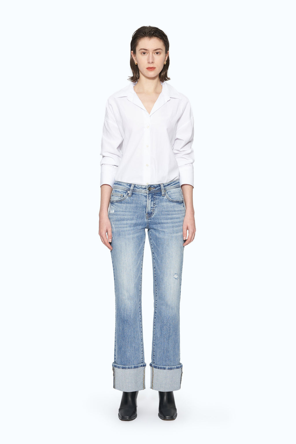 Flora Mid Rise Straight Cuffed Denim Jeans
