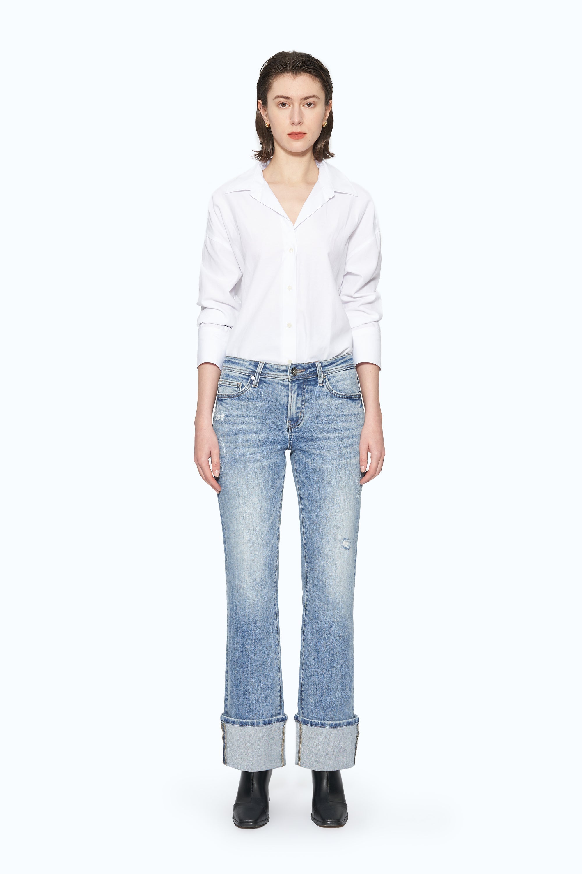 Flora Mid Rise Straight Cuffed Denim Jeans