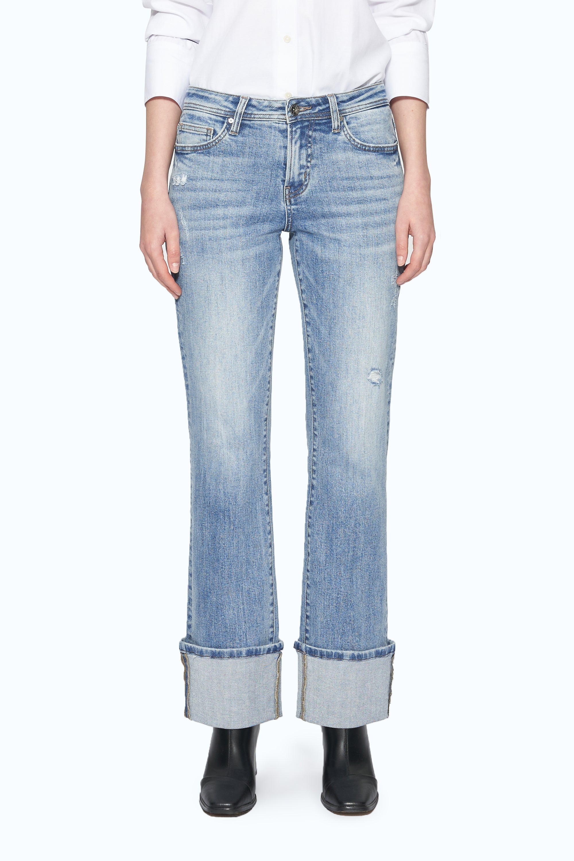 Flora Mid Rise Straight Cuffed Denim Jeans