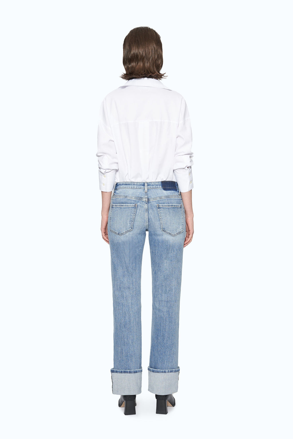 Flora Mid Rise Straight Cuffed Denim Jeans