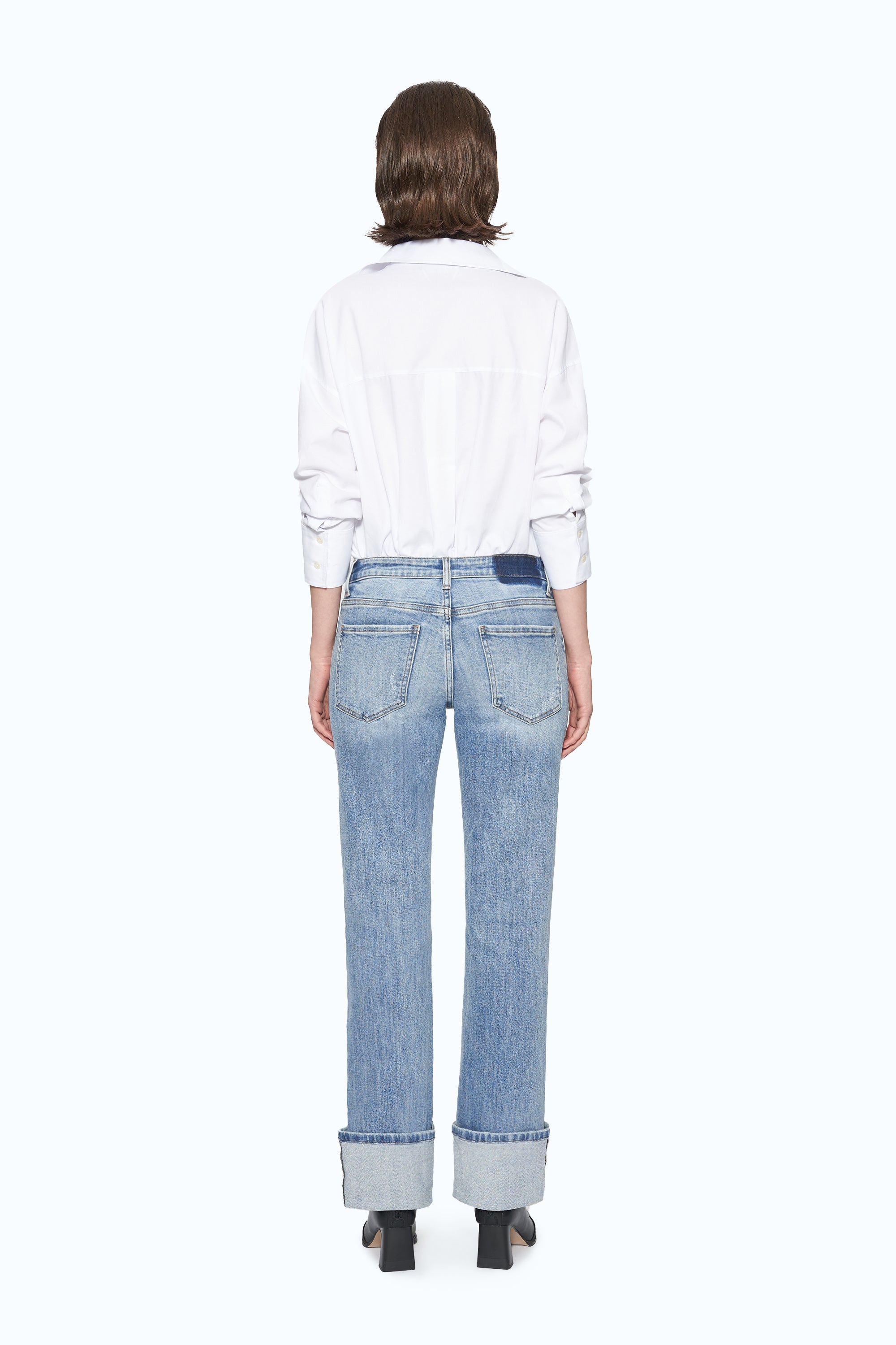 Flora Mid Rise Straight Cuffed Denim Jeans