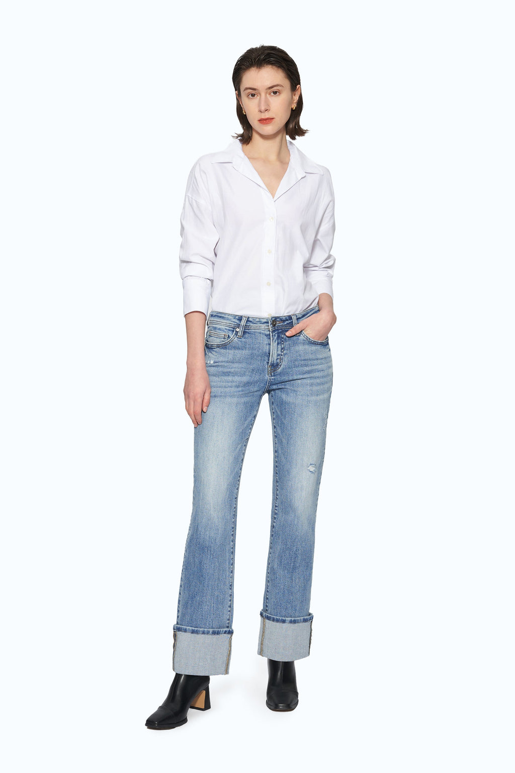Flora Mid Rise Straight Cuffed Denim Jeans