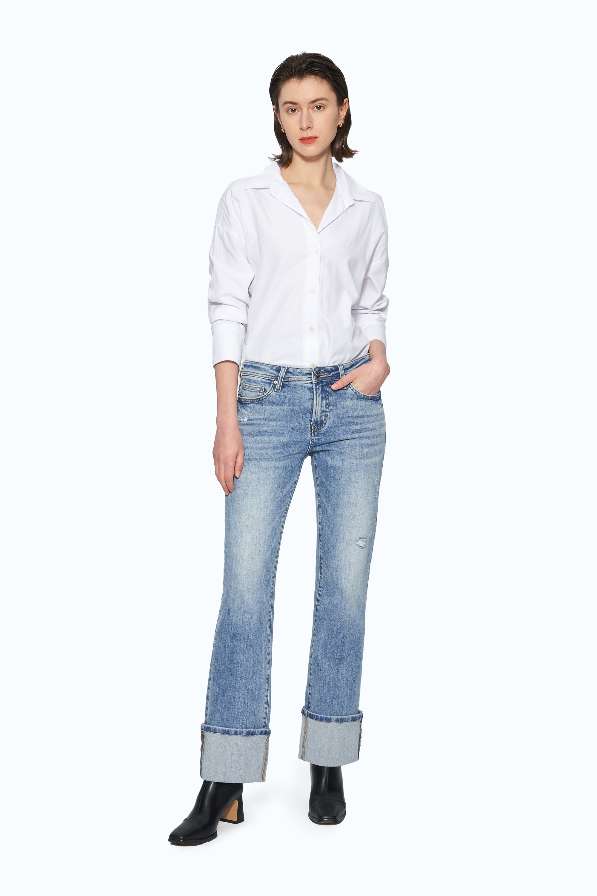 Flora Mid Rise Straight Cuffed Denim Jeans