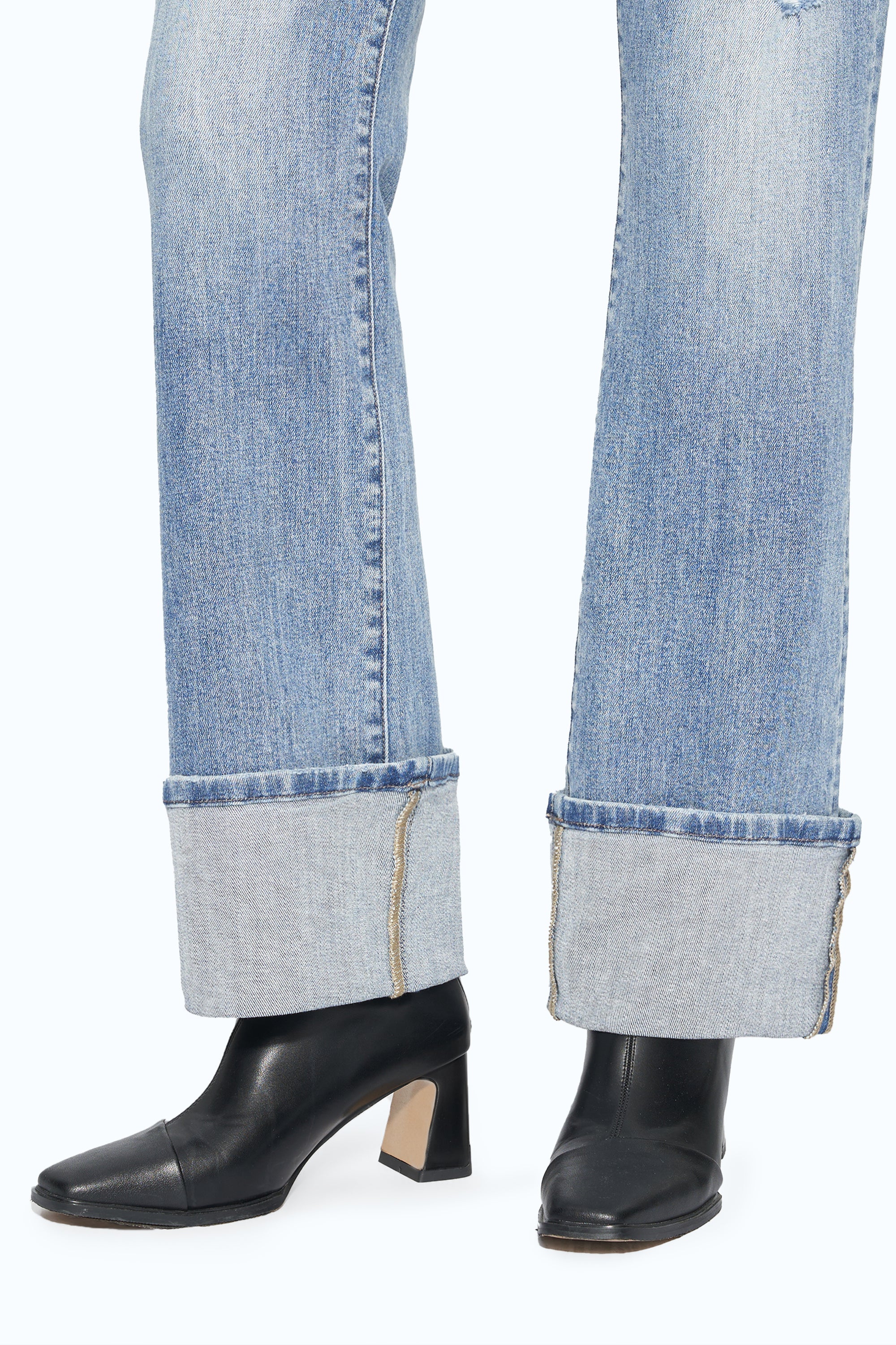 Flora Mid Rise Straight Cuffed Denim Jeans